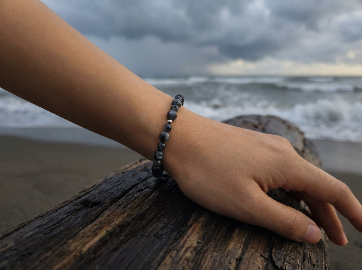 Larvikite (Black Labradorite) Bead Bracelet – Silver Accent – 7.5" Stretch