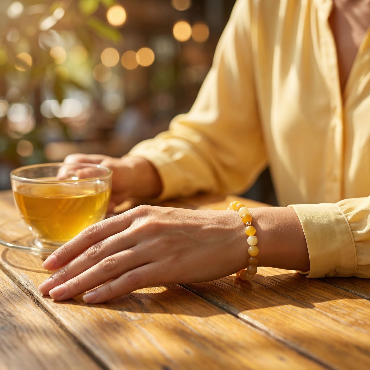 Yellow Jade Bead Bracelet – Gold Accent – 7.5" Stretch