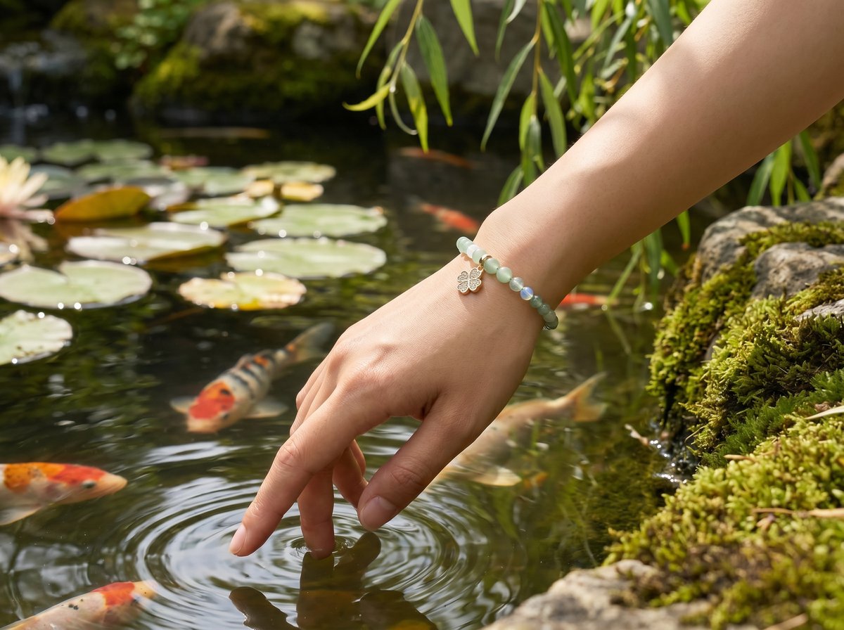Green Aventurine Clover Charm Bracelet on wrist over koi pond with lily pads