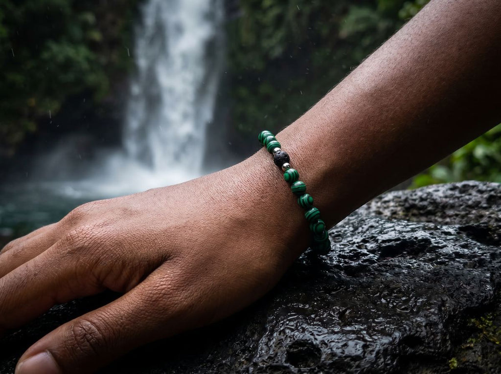 Malachite & Lava Stone Bead Bracelet – Silver Accent – 7.5" Stretch