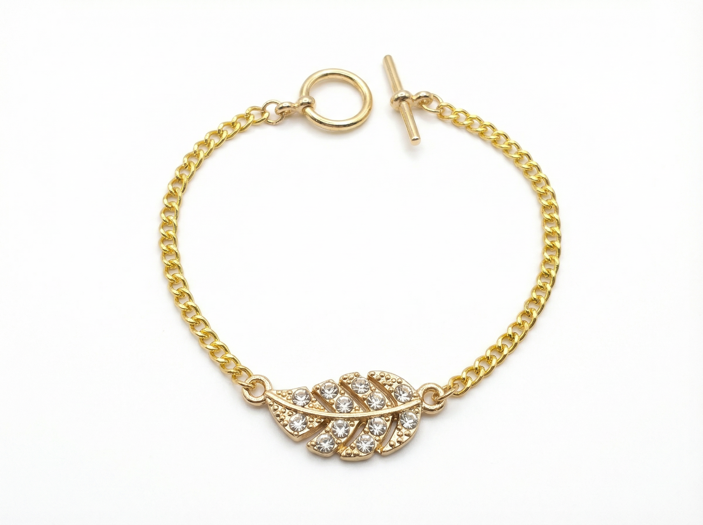 Crystal Leaf Chain Bracelet – 18K Gold Plated Toggle Clasp – 7"
