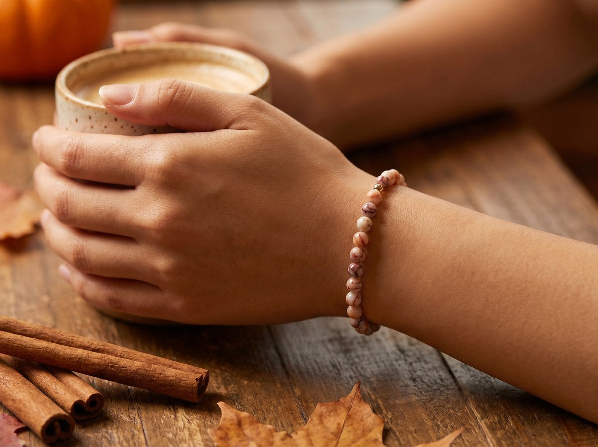 Red Network Jasper Bracelet on wrist holding autumn latte with cinnamon sticks and fall leaves