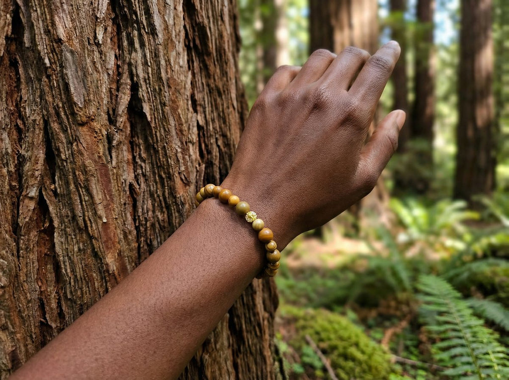 Wood Grain Jasper Bead Bracelet – Gold Pave Accent – 7.5" Stretch