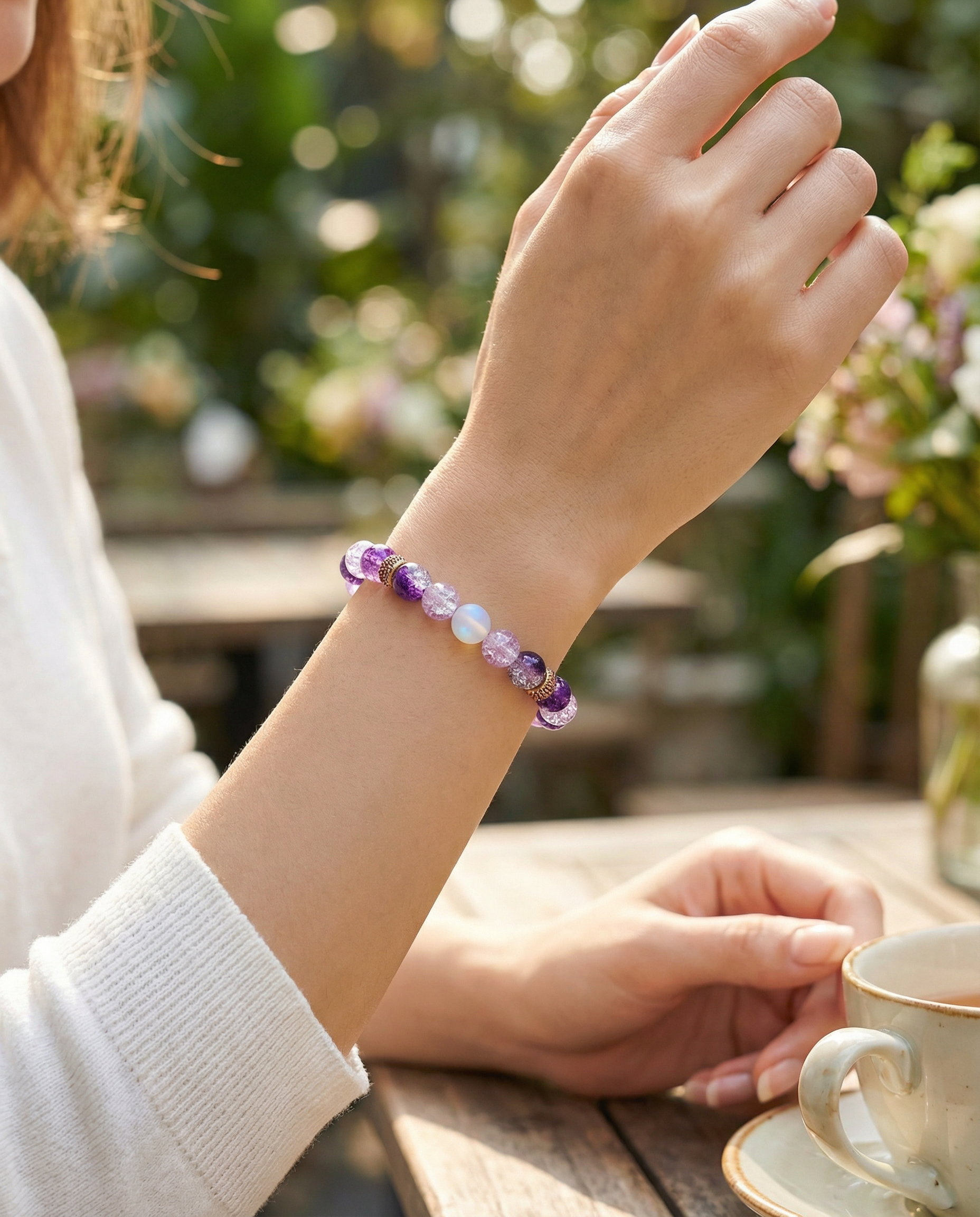 Purple Crackle Glass & Opalite Bead Bracelet – Rose Gold Pave – 7.5" Stretch