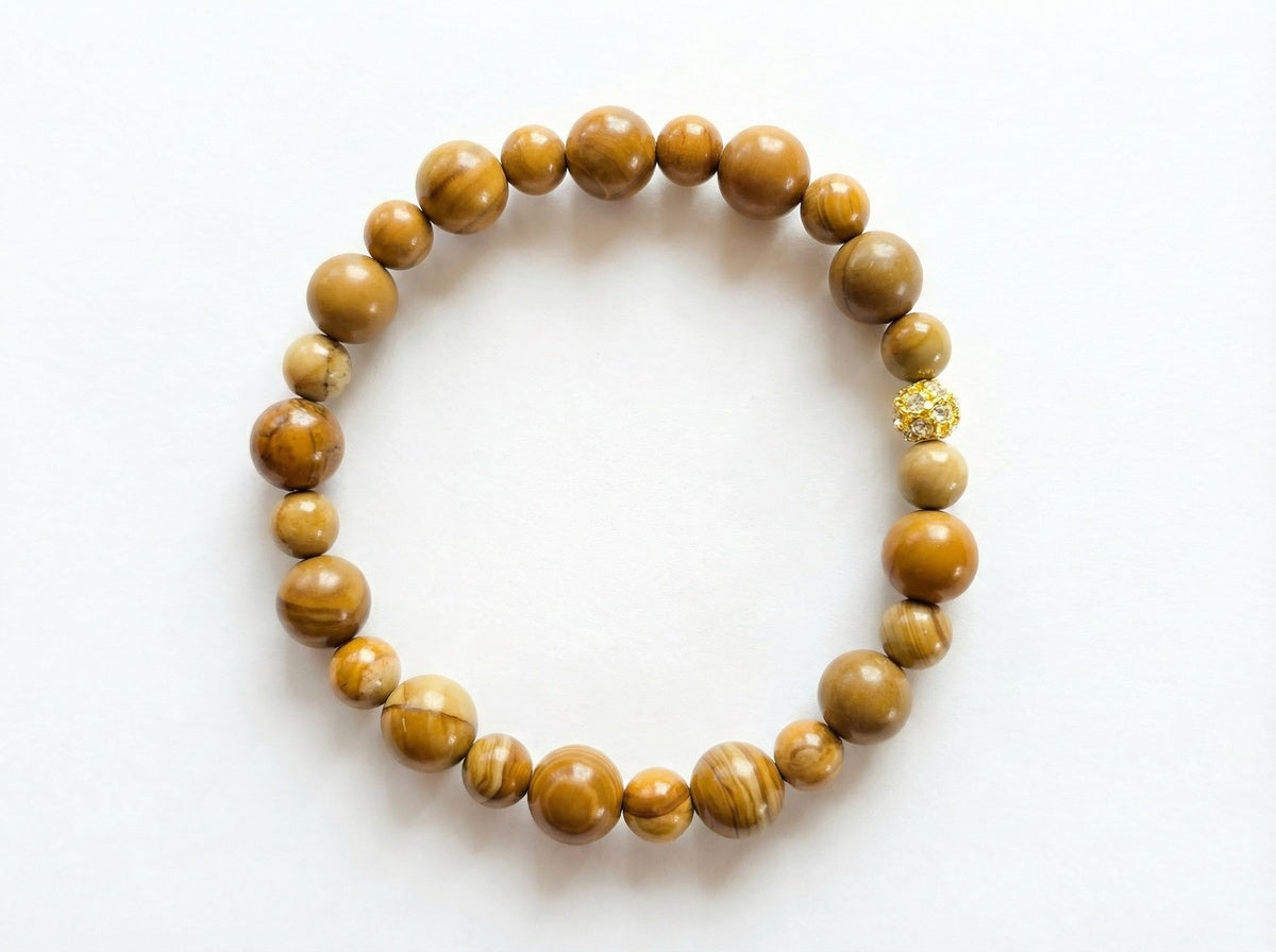 Wood Grain Jasper Bead Bracelet – Gold Pave Accent – 7.5" Stretch