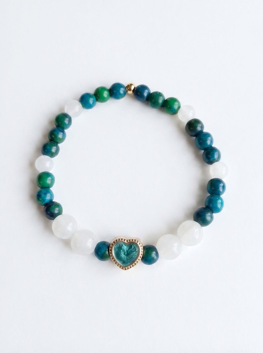 Chrysocolla & White Jade Heart Charm Bracelet – Gold Enamel Accent – 7.25" Stretch