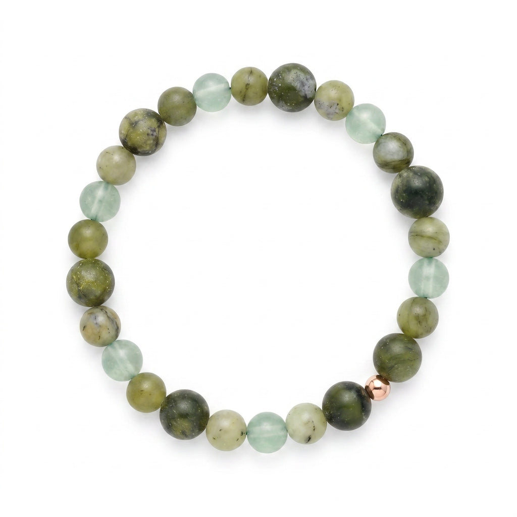 Prehnite & Green Fluorite Bead Bracelet – Rose Gold Accent – 7.5" Stretch