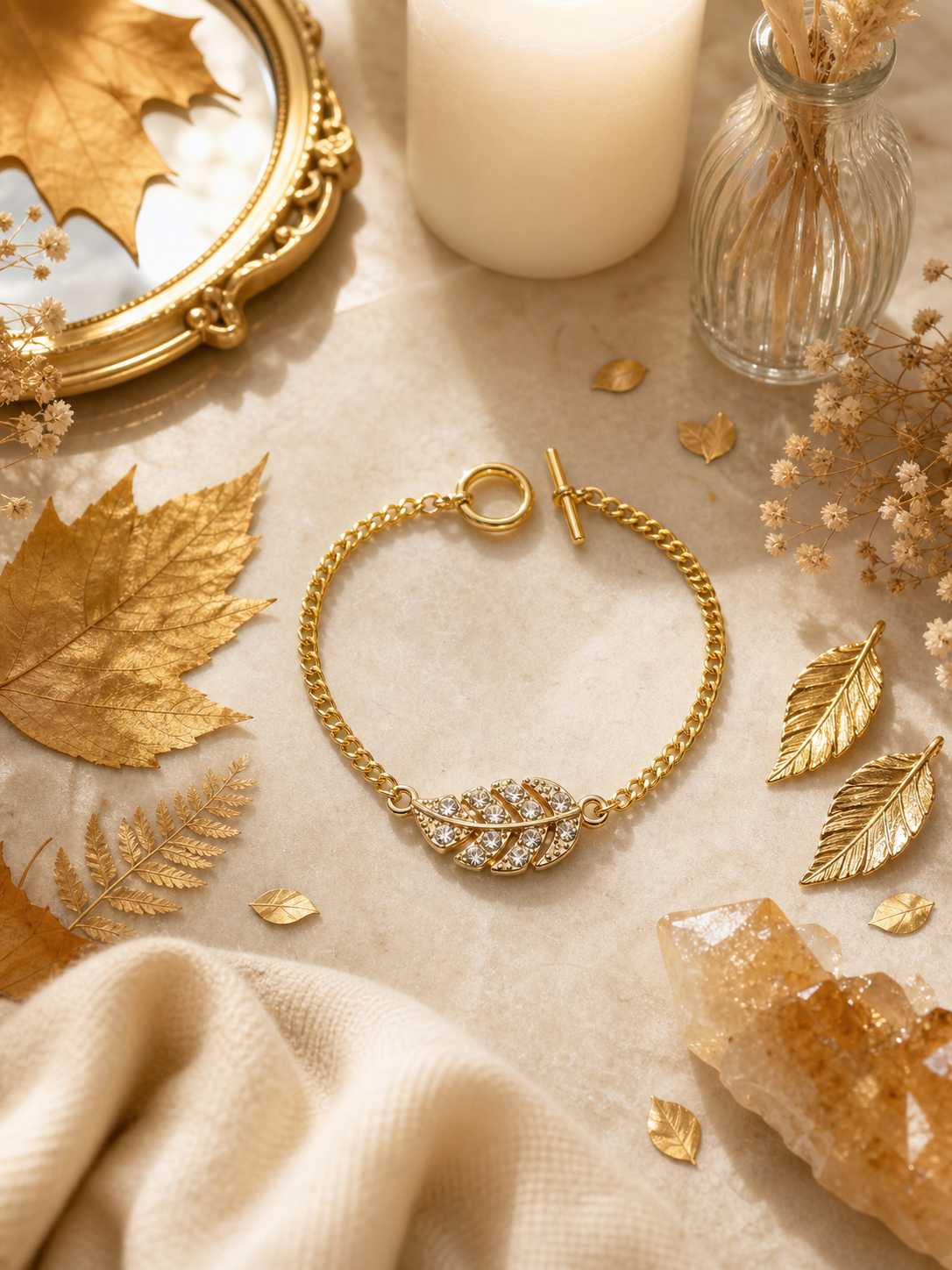 Crystal Leaf Chain Bracelet – 18K Gold Plated Toggle Clasp – 7"