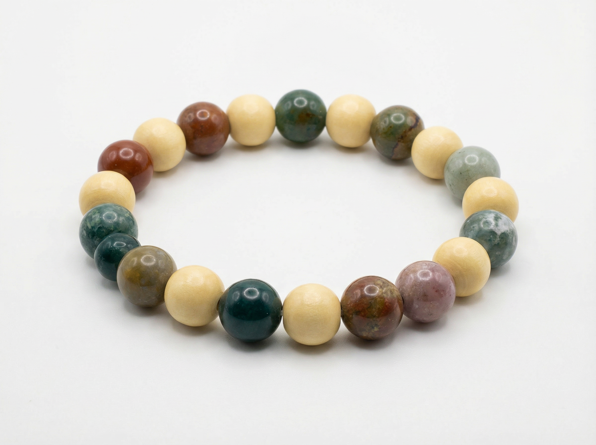 Indian Agate & Wood Bead Bracelet – Natural Stone Stretch – 7.5"