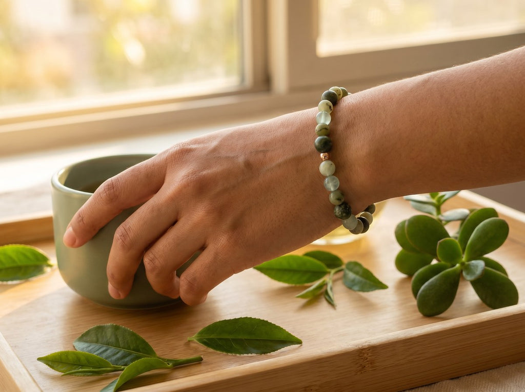 Prehnite & Green Fluorite Bead Bracelet – Rose Gold Accent – 7.5" Stretch