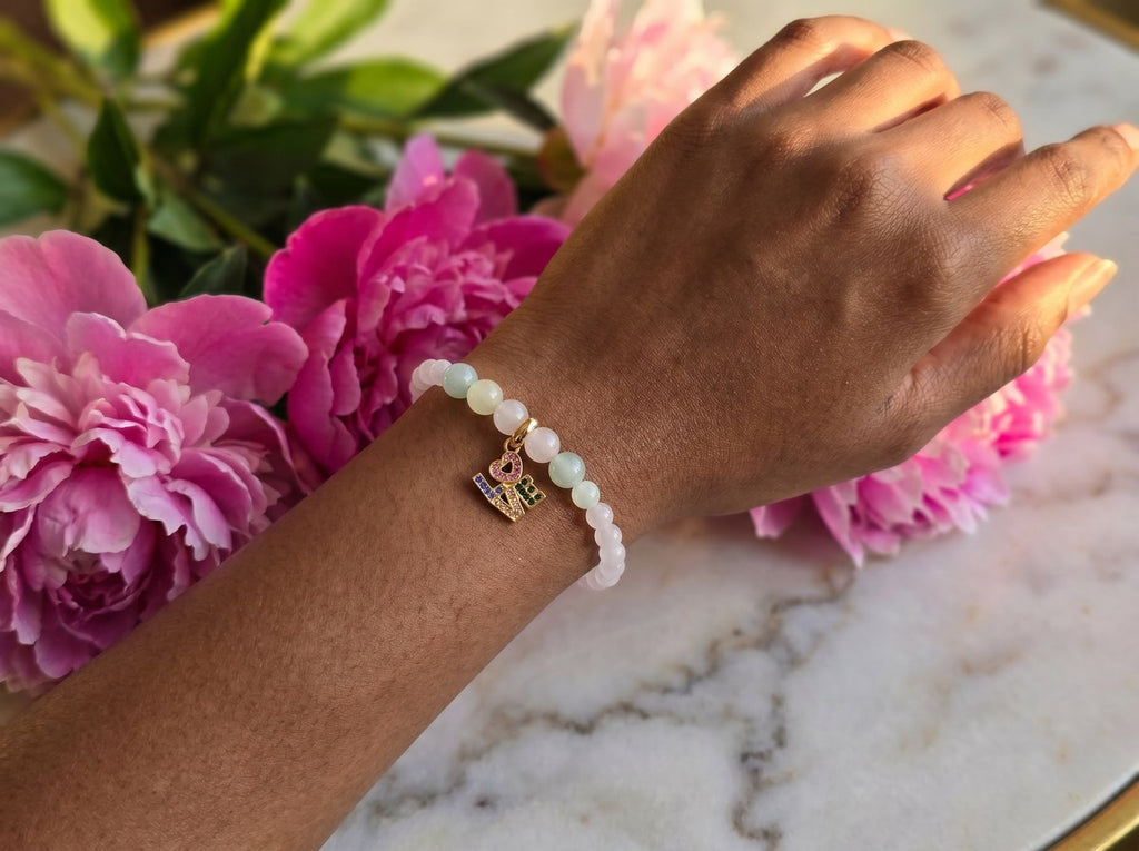 Rose Quartz & Prehnite LOVE Charm Bracelet – Multi-Color CZ – 7.5"