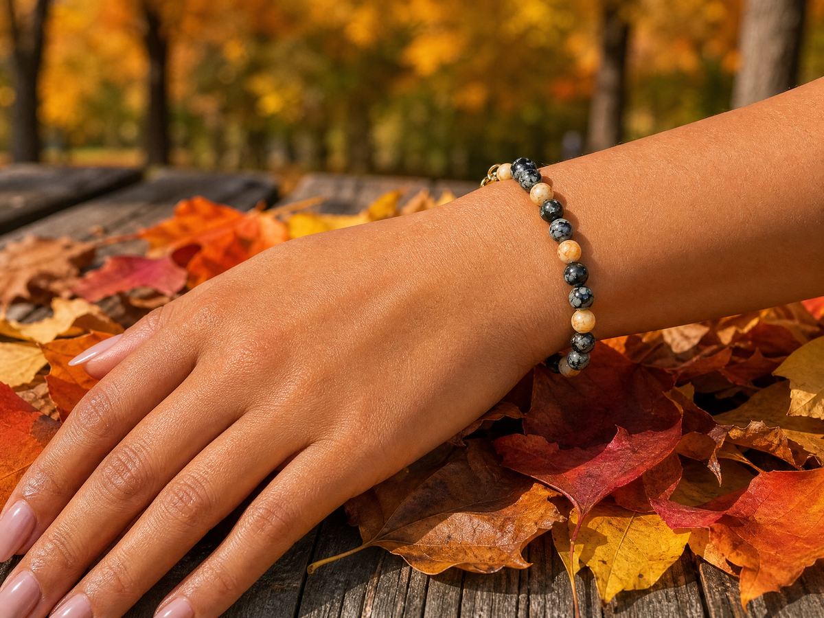 Snowflake Obsidian & Orange Glass Bead Bracelet – 24K Gold Plated – 7.5"