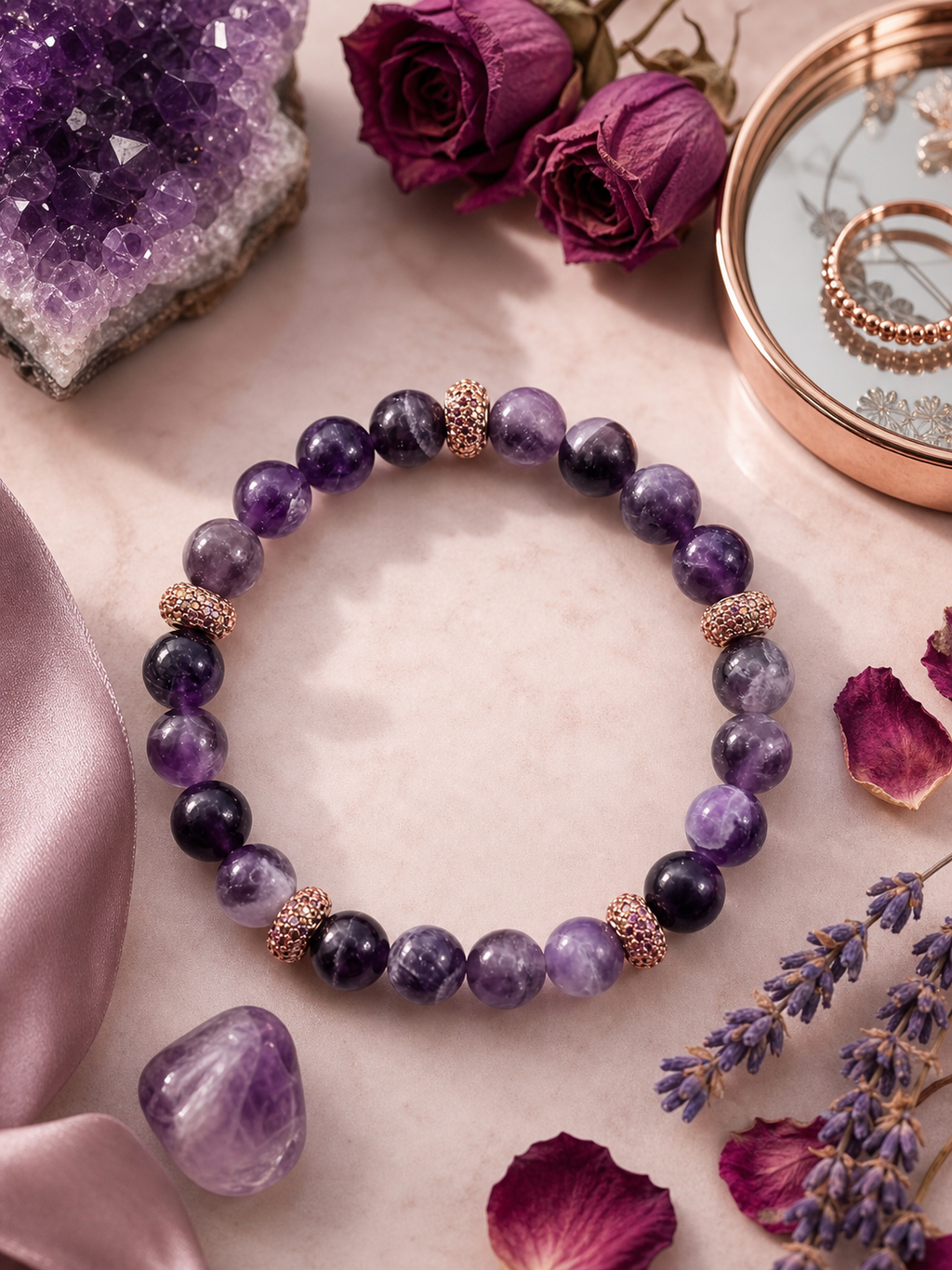Amethyst Bead Bracelet with Rose Gold Pavé Accents – 8mm – 7" Stretch