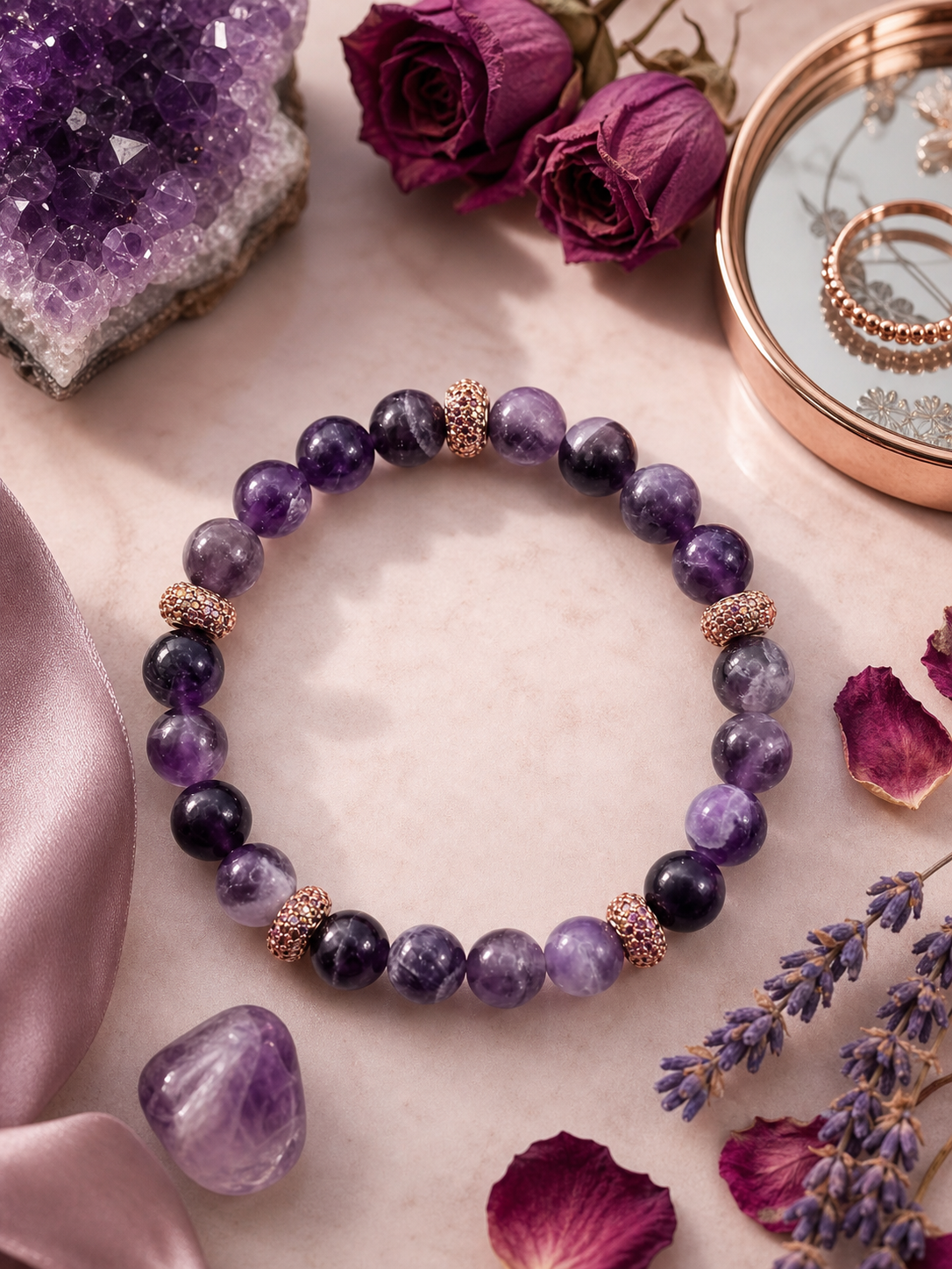Amethyst Bead Bracelet with Rose Gold Pavé Accents – 8mm – 7" Stretch
