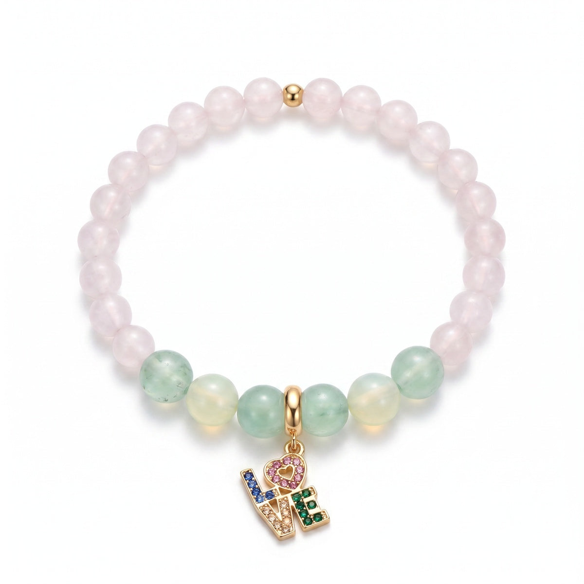 Rose Quartz & Prehnite LOVE Charm Bracelet – Multi-Color CZ – 7.5"