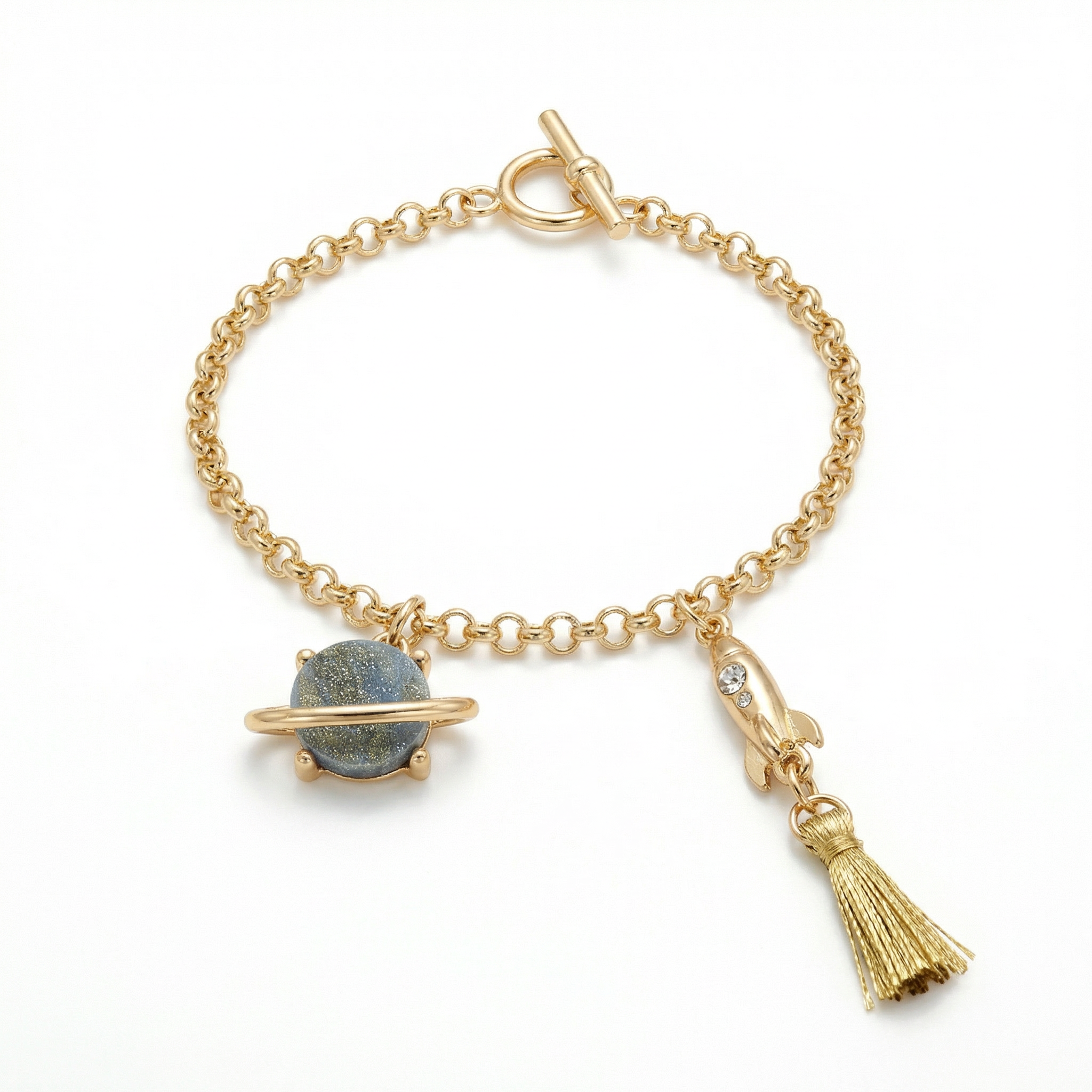 Space Charm Bracelet - Gold Rolo Chain with Saturn Planet and Rocket Charms - White Background
