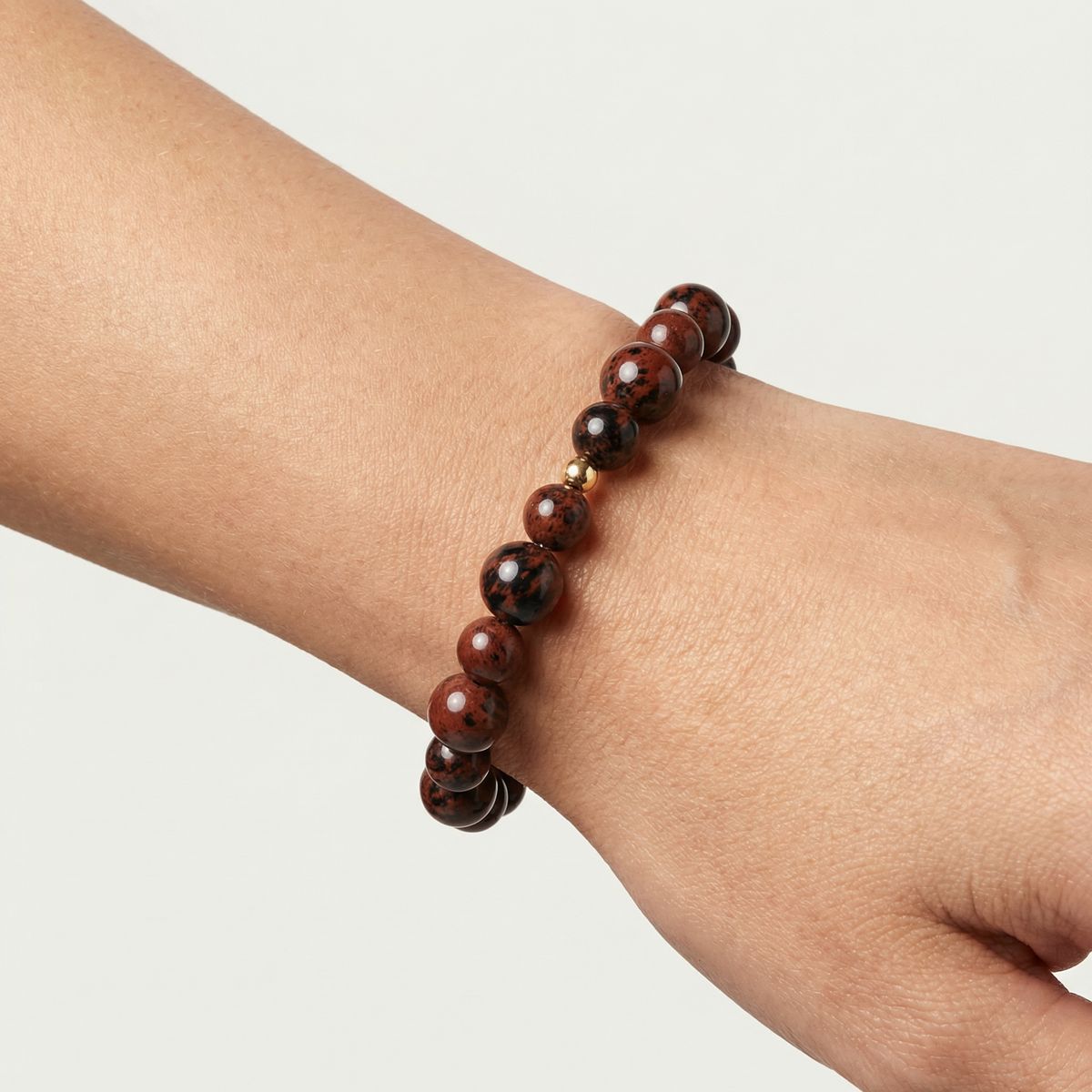 Mahogany Obsidian Bead Bracelet – Gold Accent – 7.5" Stretch