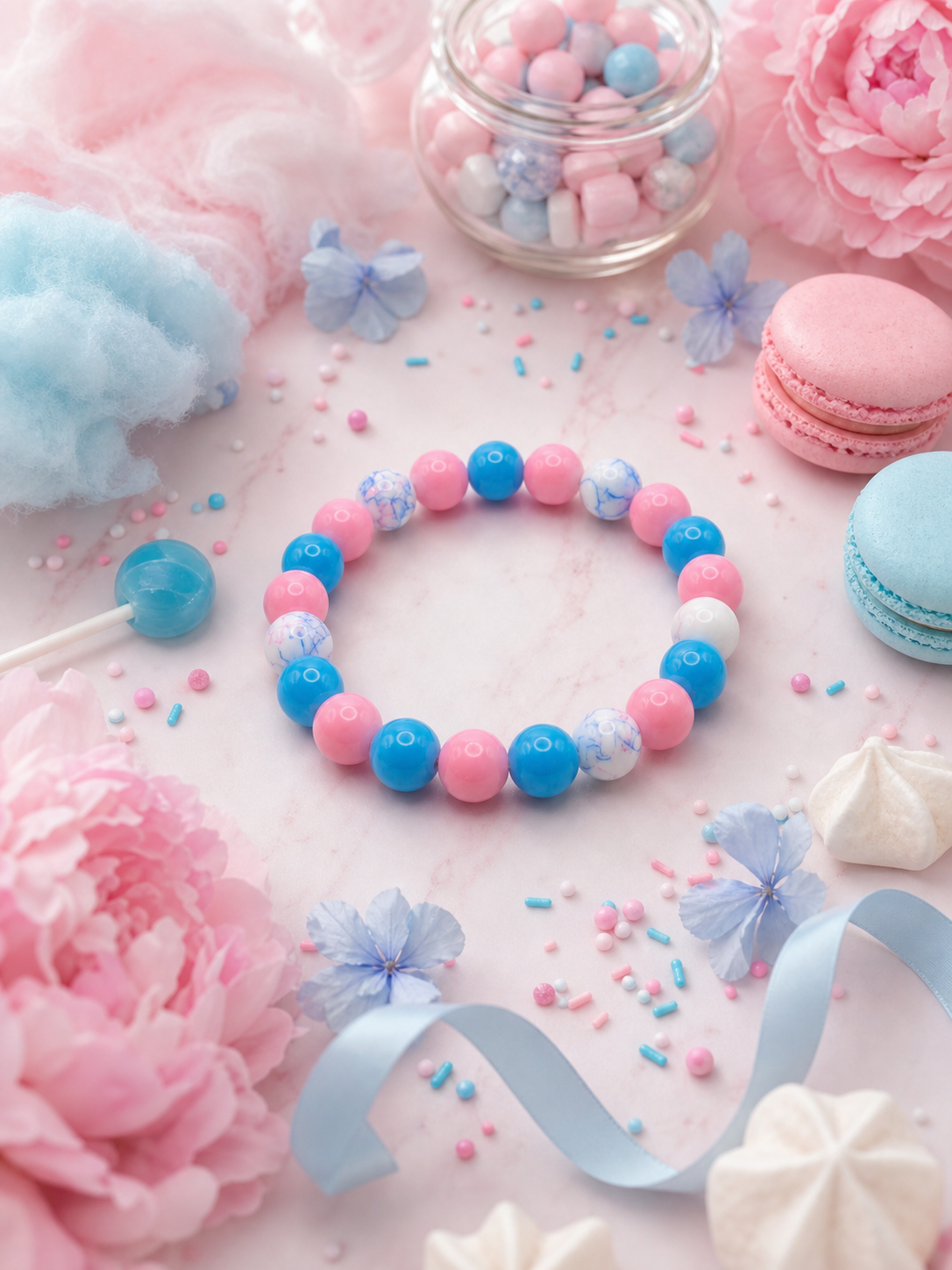 Cotton Candy Glass Bead Bracelet – Pink, Blue & White – 7" Stretch