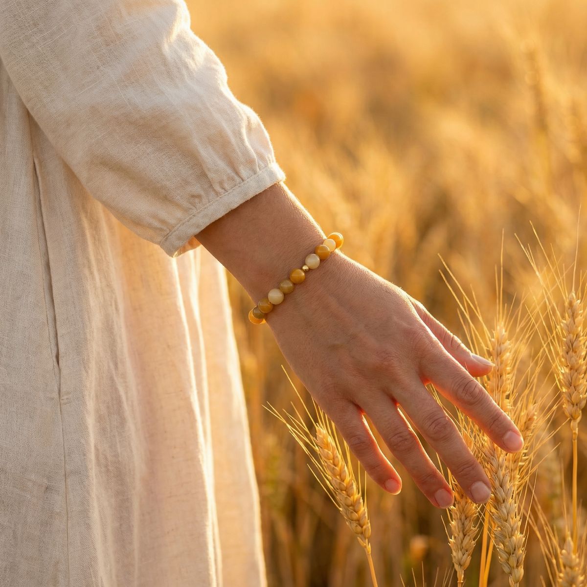 Yellow Jade Bead Bracelet – Gold Accent – 7.5" Stretch