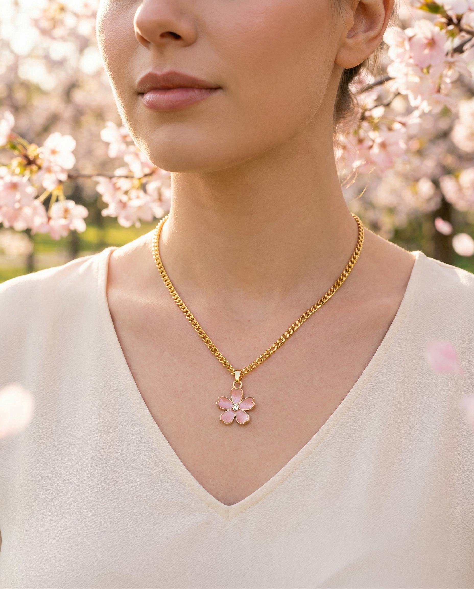 Cherry Blossom Pendant Necklace – 18K Gold Plated Cuban Chain – 17"