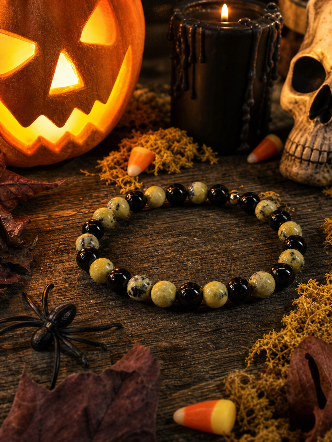 Black Onyx & Yellow Turquoise Bead Bracelet – Silver Accent – 7.5" Stretch