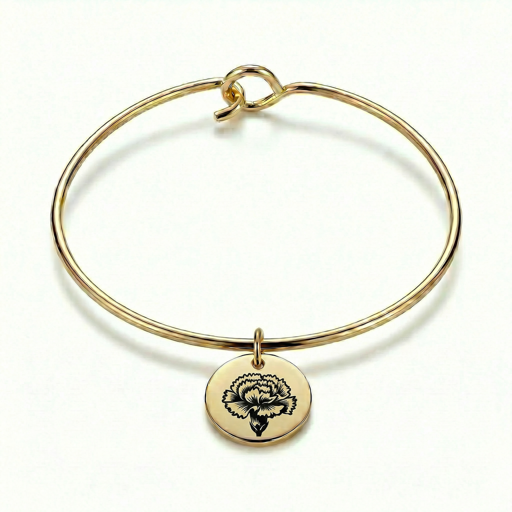 January Carnation Birth Flower Charm Bangle - Gold Tone