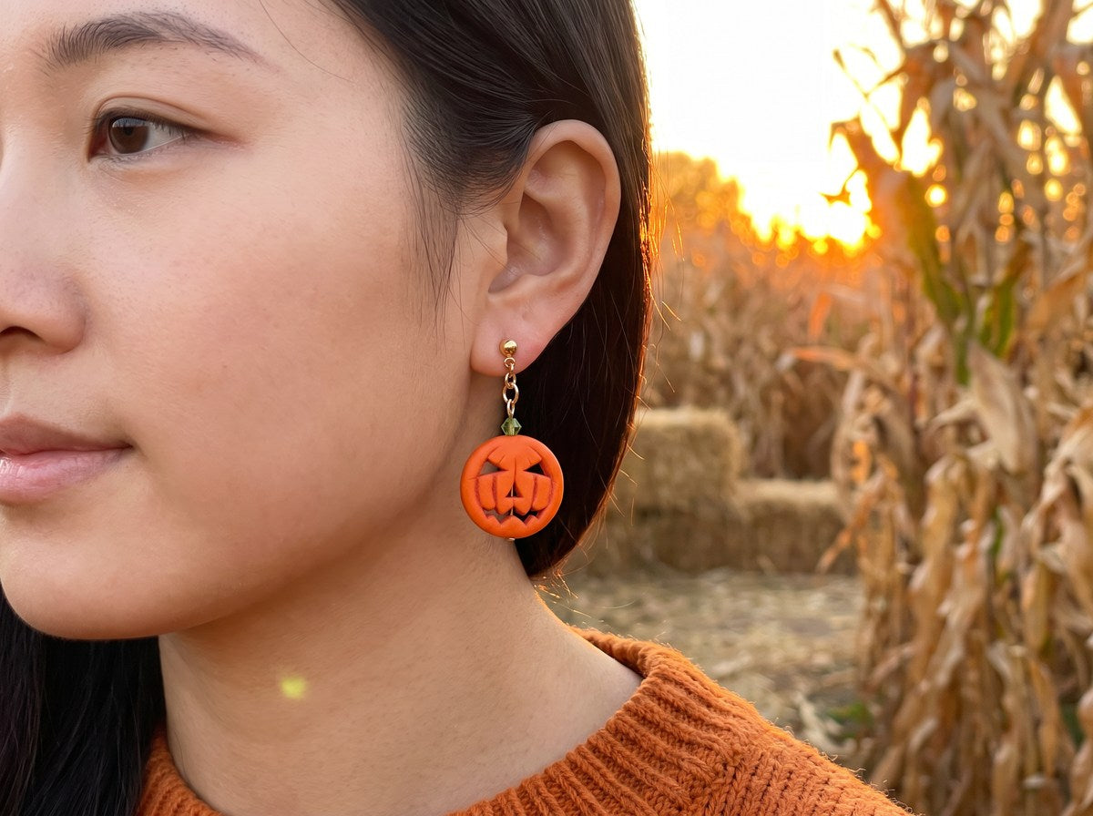 Jack-O-Lantern Pumpkin Stone Dangle Earrings – 24K Gold Plated