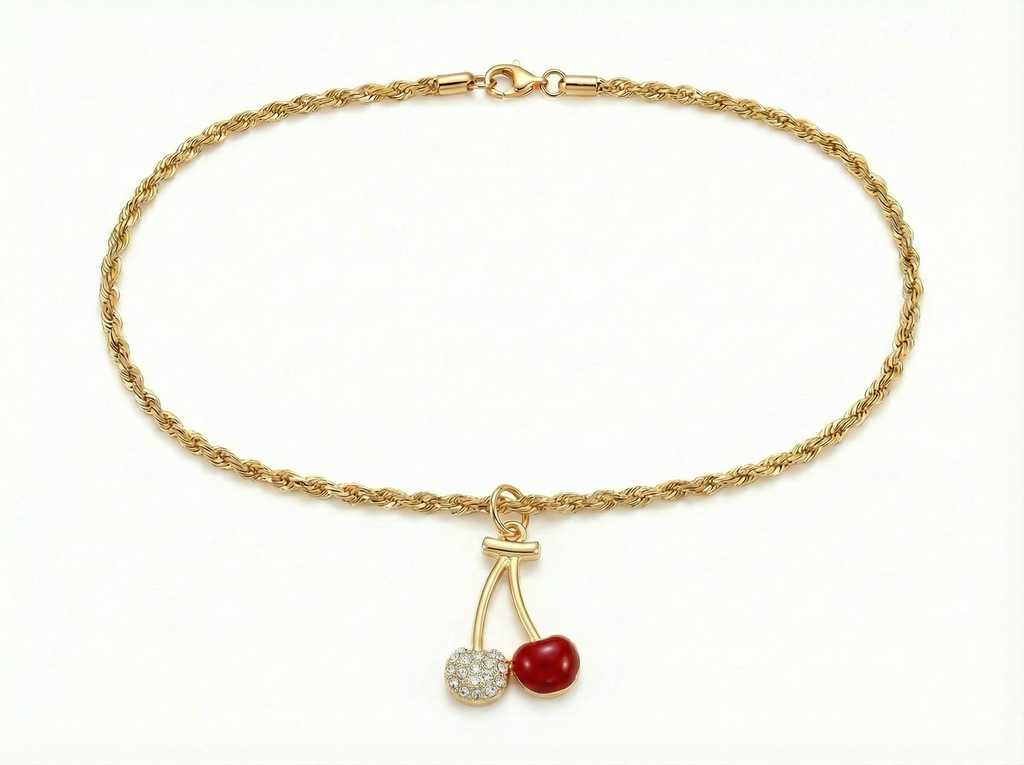 Cherry Pendant Necklace on 18K Gold Plated Rope Chain - White Background