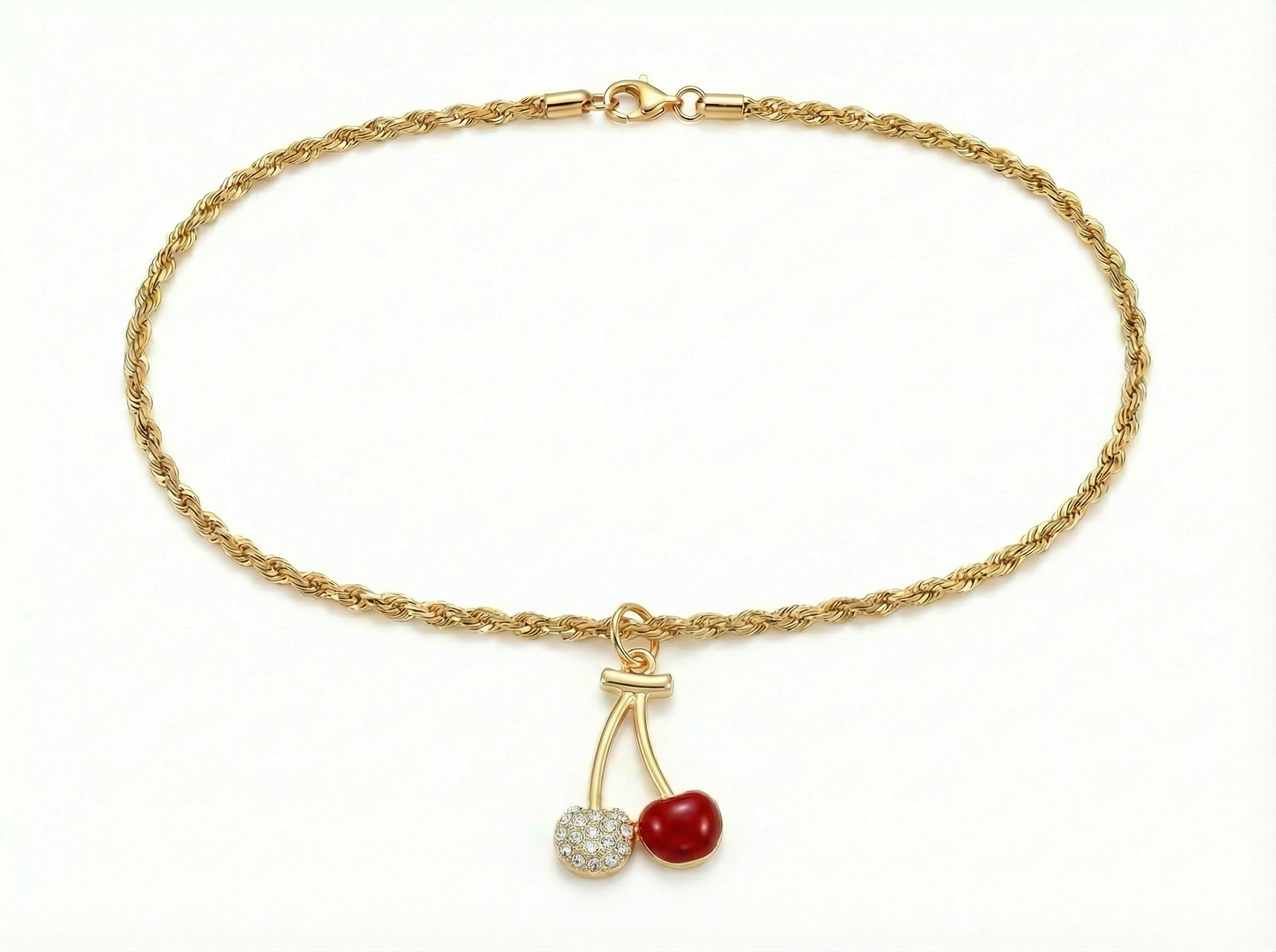 Cherry Pendant Necklace on 18K Gold Plated Rope Chain - White Background