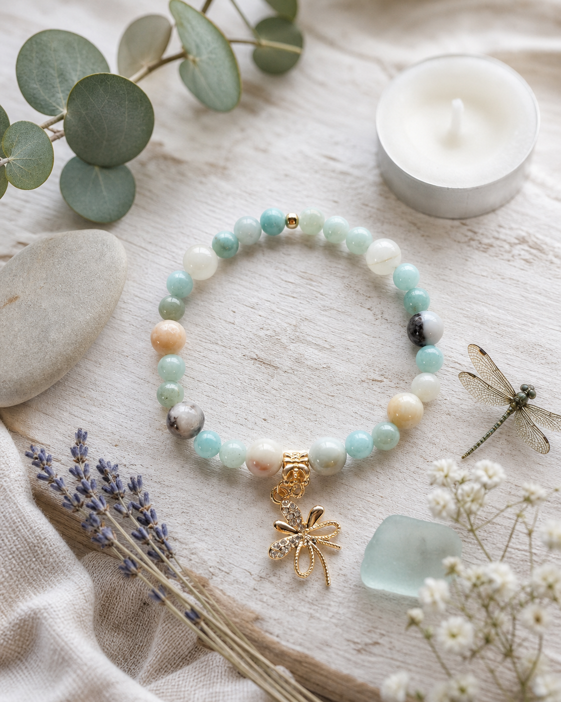 Amazonite Bow Charm Bracelet – Gold CZ Accent – 7.5" Stretch