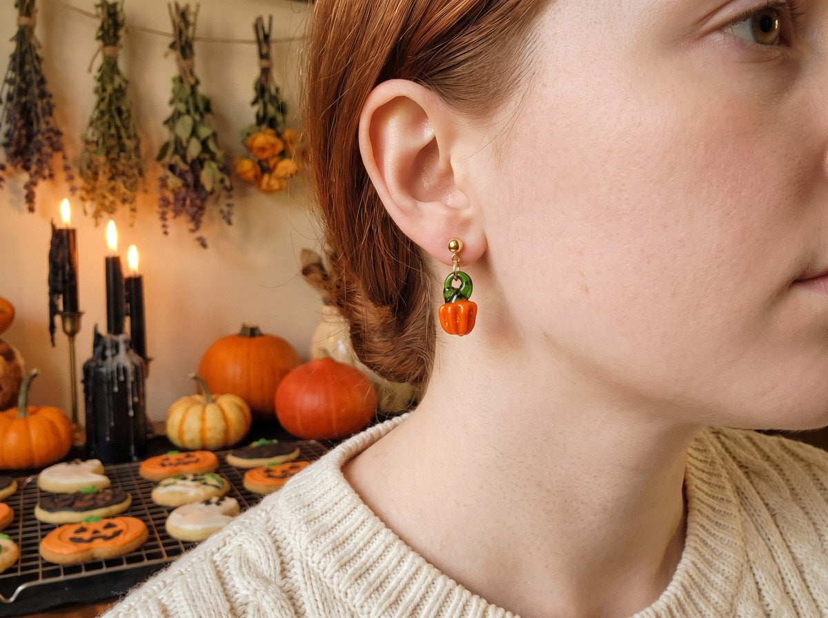Hand-Blown Glass Pumpkin Dangle Earrings – 24K Gold Plated