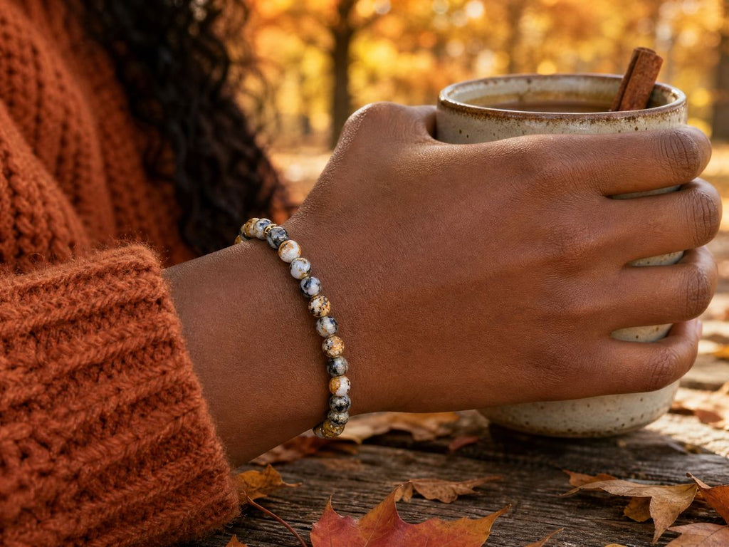 Autumn Harvest Marbled Glass Bead Bracelet – 24K Gold Plated – 7.25"