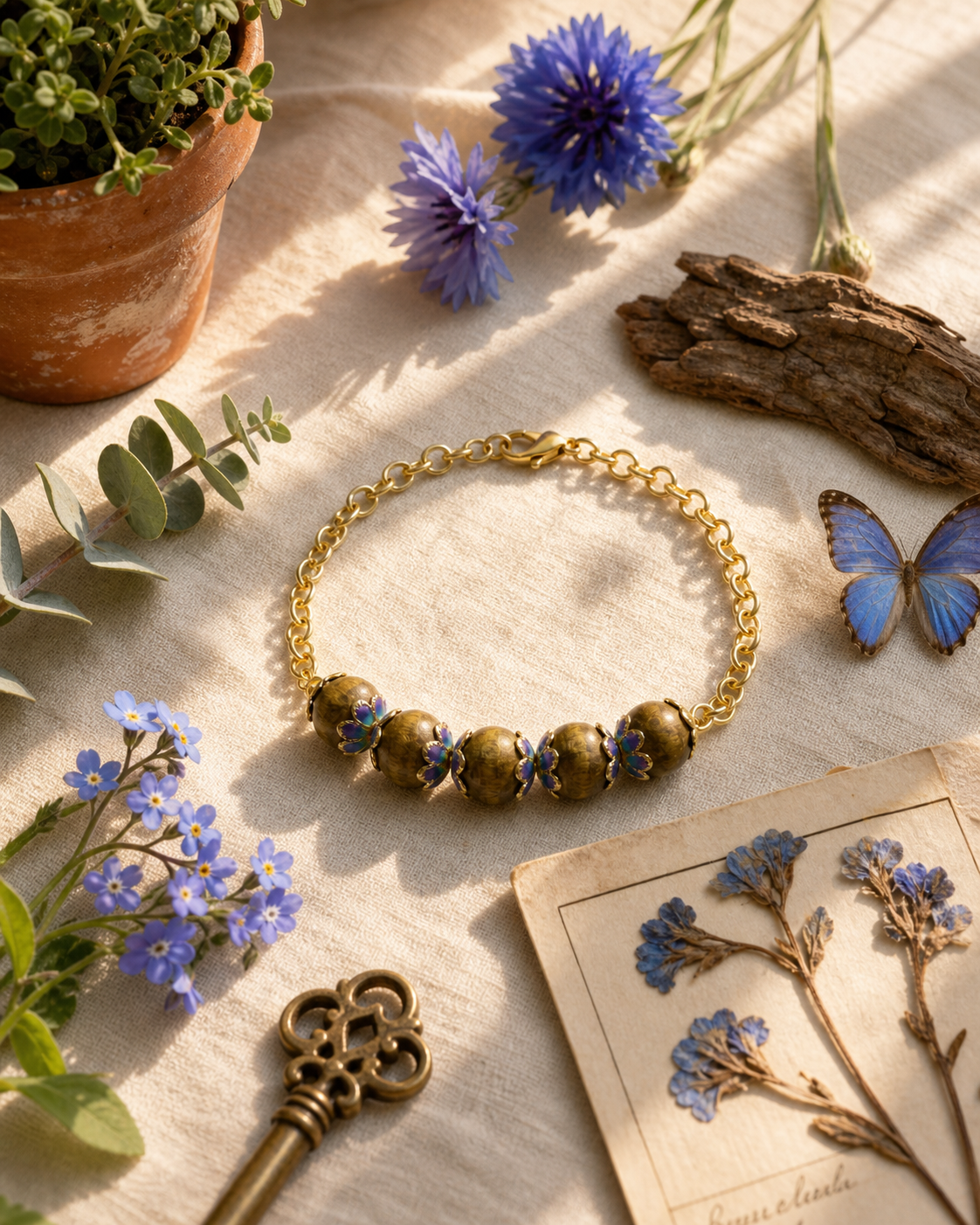 Blue Floral Wooden Bead Bracelet – 14K Gold Plated Rolo Chain – Adjustable 7"–7.5"