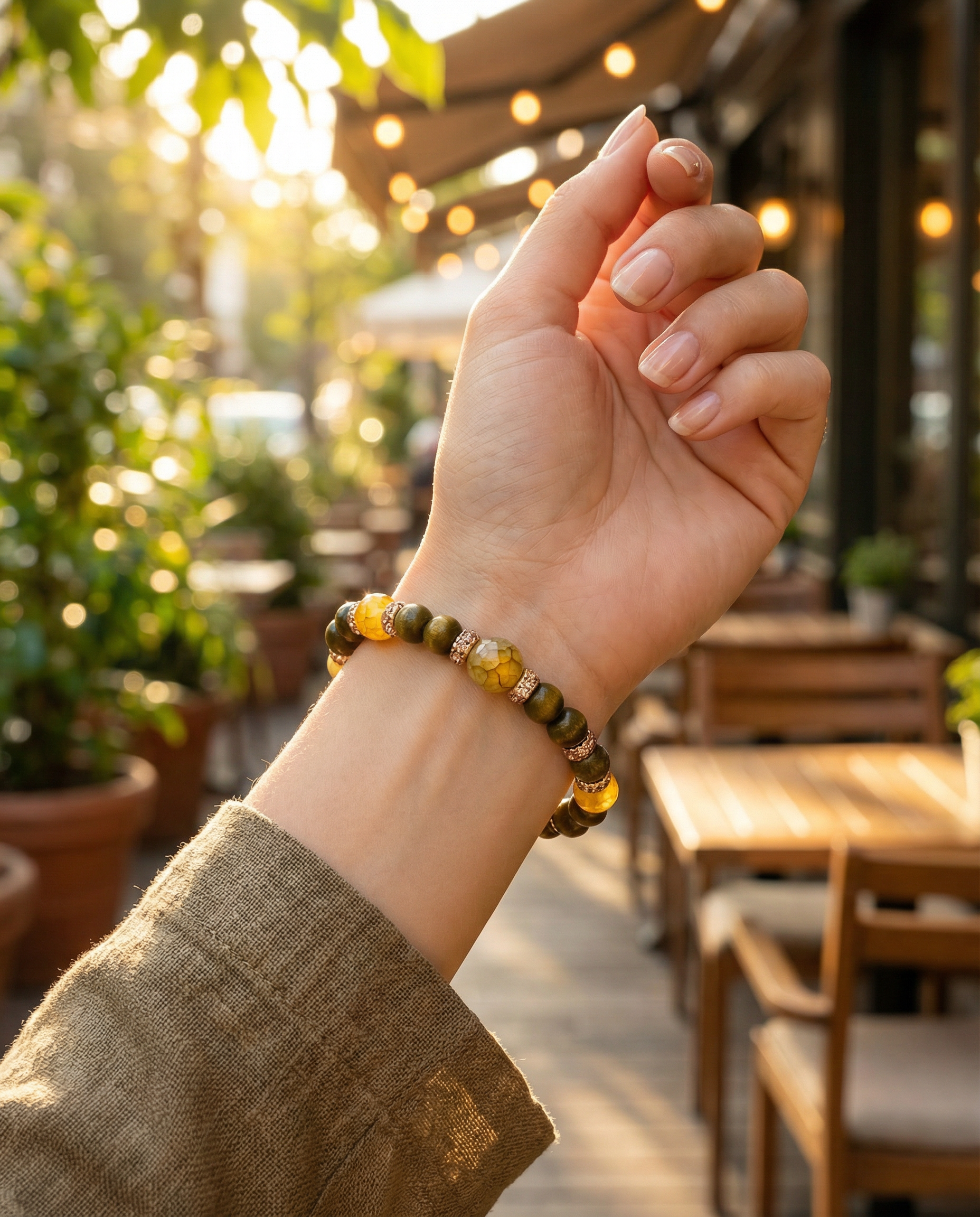 Crackle Agate & Wood Bead Bracelet – Rose Gold Pave Accents – 7.5" Stretch