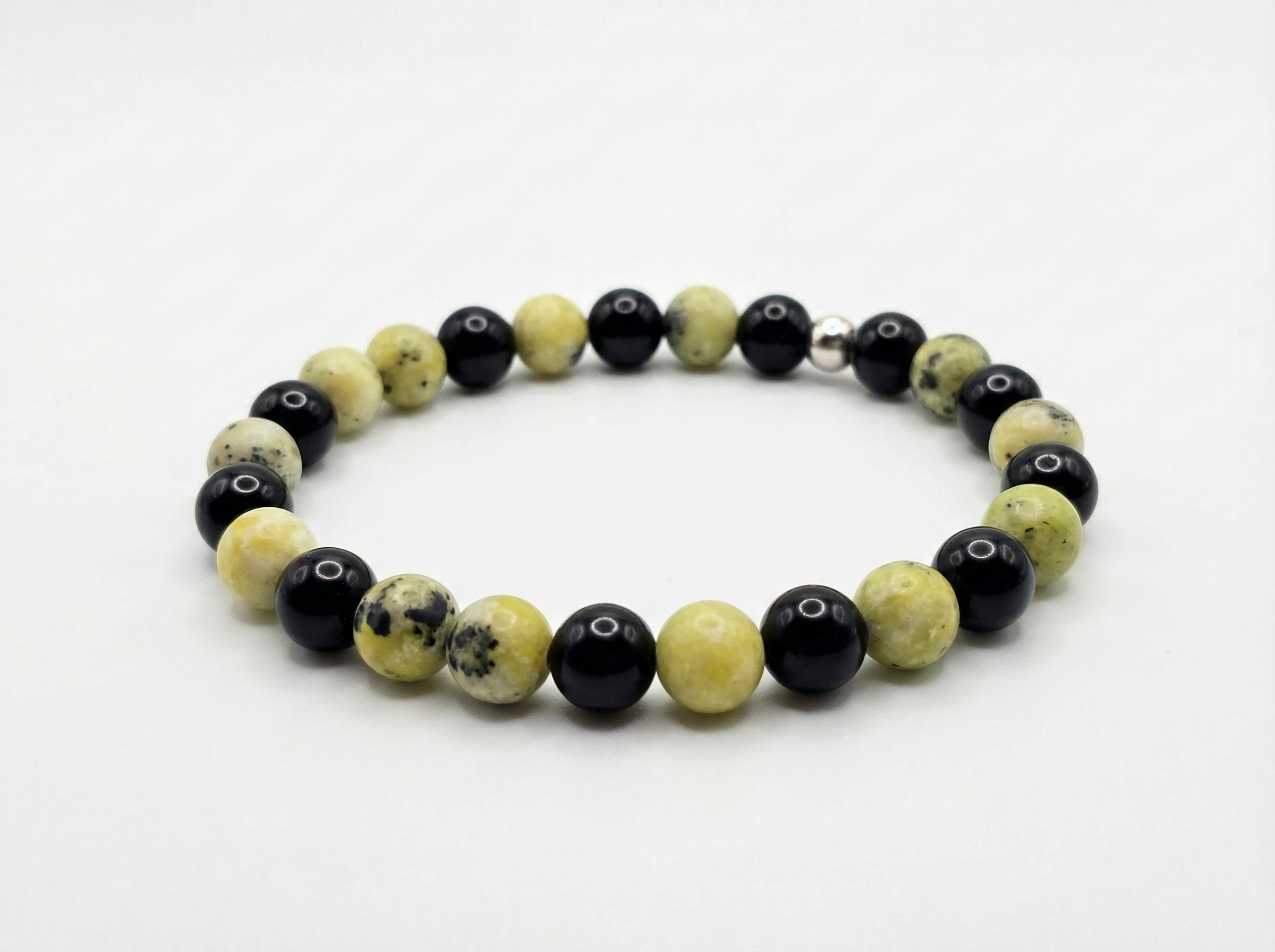 Black Onyx & Yellow Turquoise Bead Bracelet – Silver Accent – 7.5" Stretch