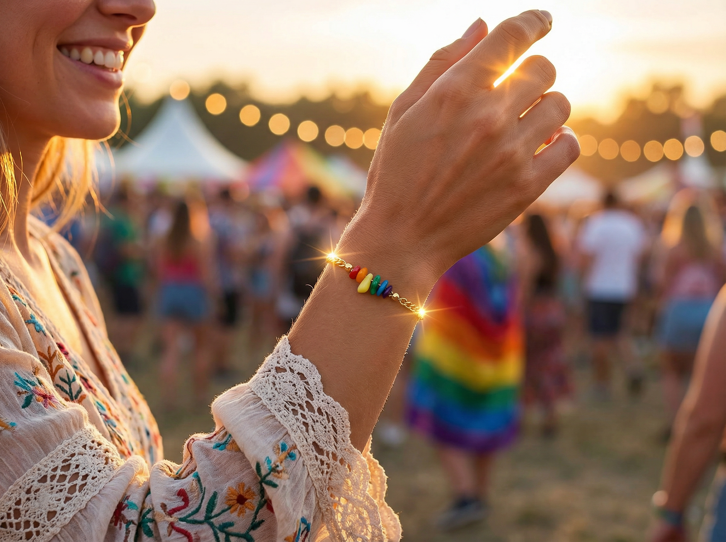 Rainbow Chip Stone Bead Bracelet – 18K Gold Plated Micro Cuban Chain – 7.5"