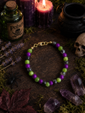 Purple, Green & Snowflake Obsidian Glass Bead Bracelet – 24K Gold Plated – 6.75"