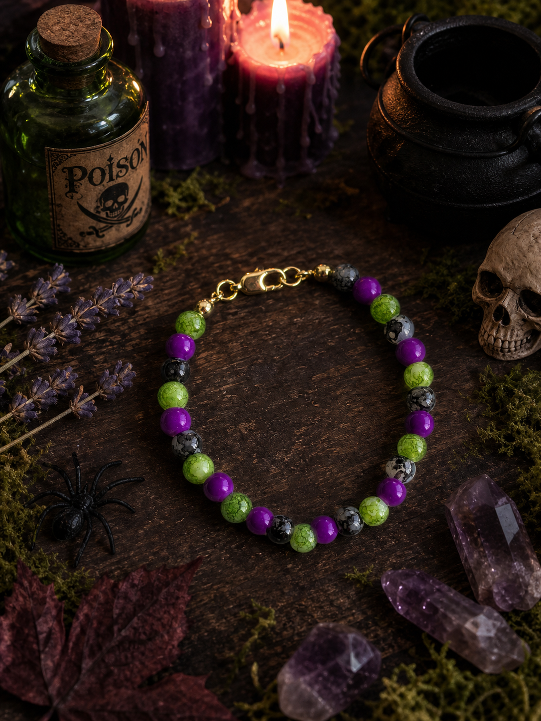 Purple, Green & Snowflake Obsidian Glass Bead Bracelet – 24K Gold Plated – 6.75"