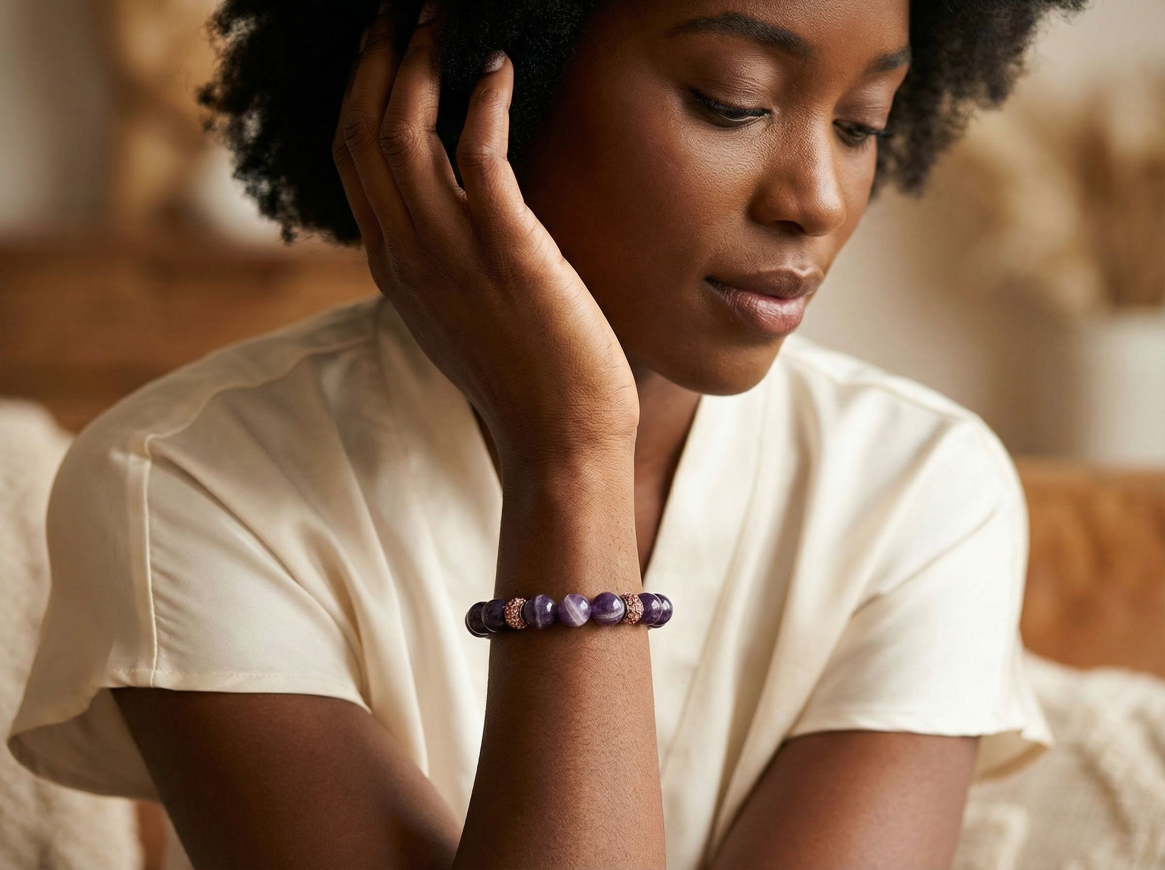 Amethyst Bead Bracelet with Rose Gold Pavé Accents – 8mm – 7" Stretch