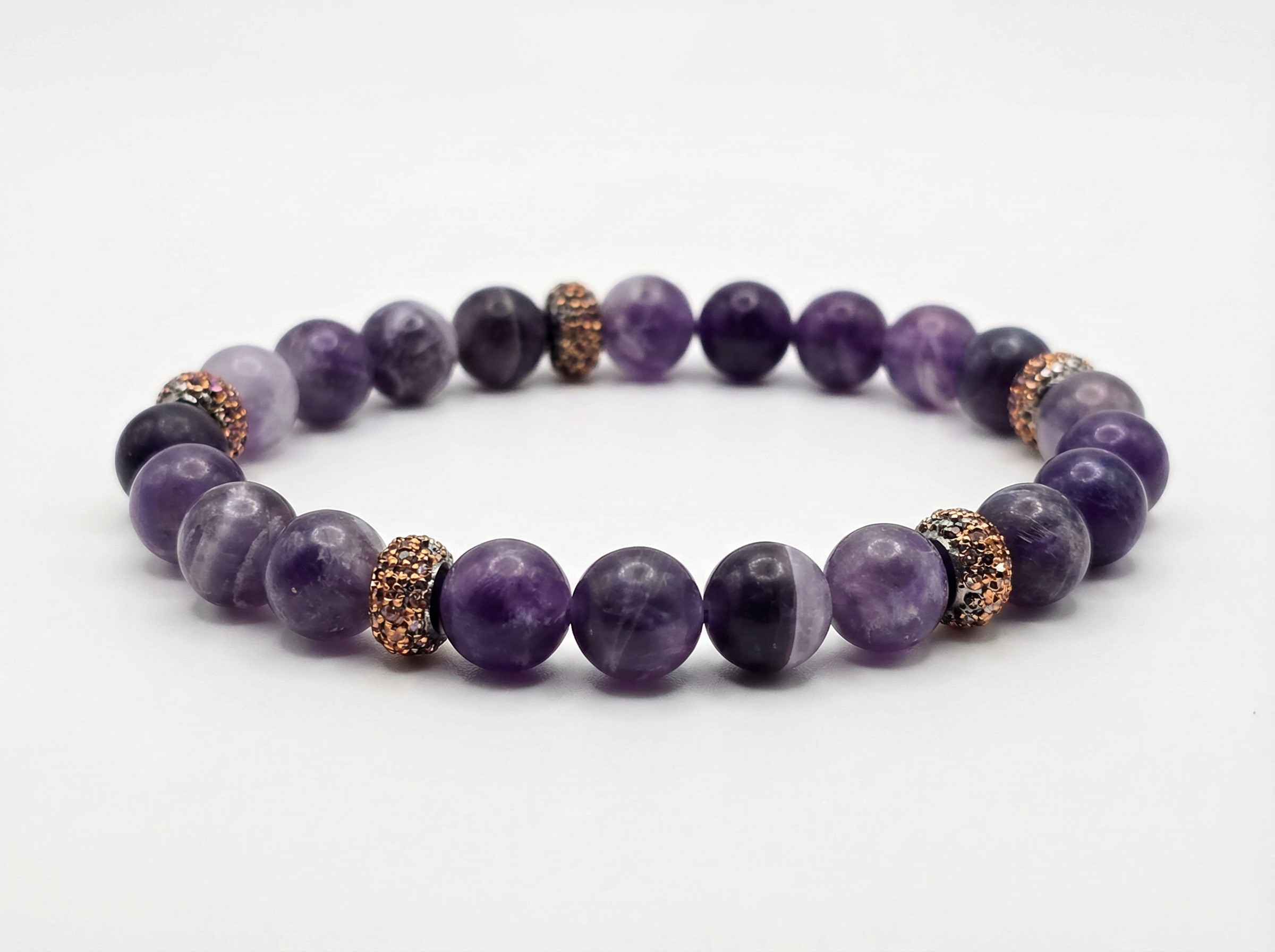 Amethyst Bead Bracelet with Rose Gold Pavé Accents – 8mm – 7" Stretch