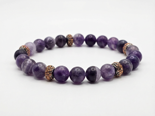 Amethyst Bead Bracelet with Rose Gold Pavé Accents – 8mm – 7" Stretch