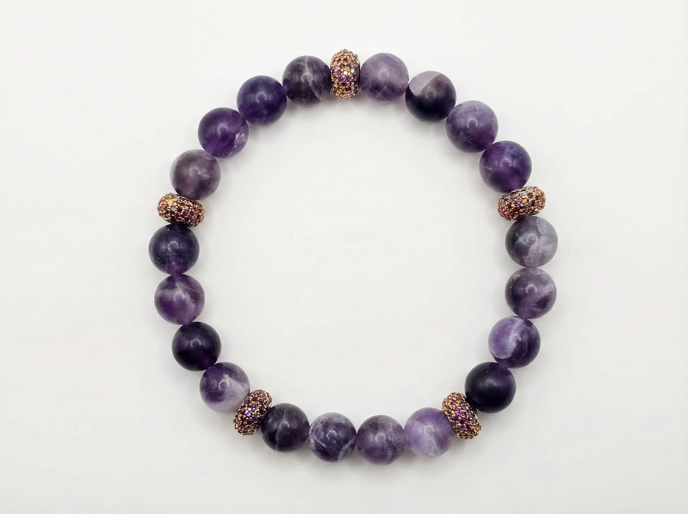 Amethyst Bead Bracelet with Rose Gold Pavé Accents – 8mm – 7" Stretch