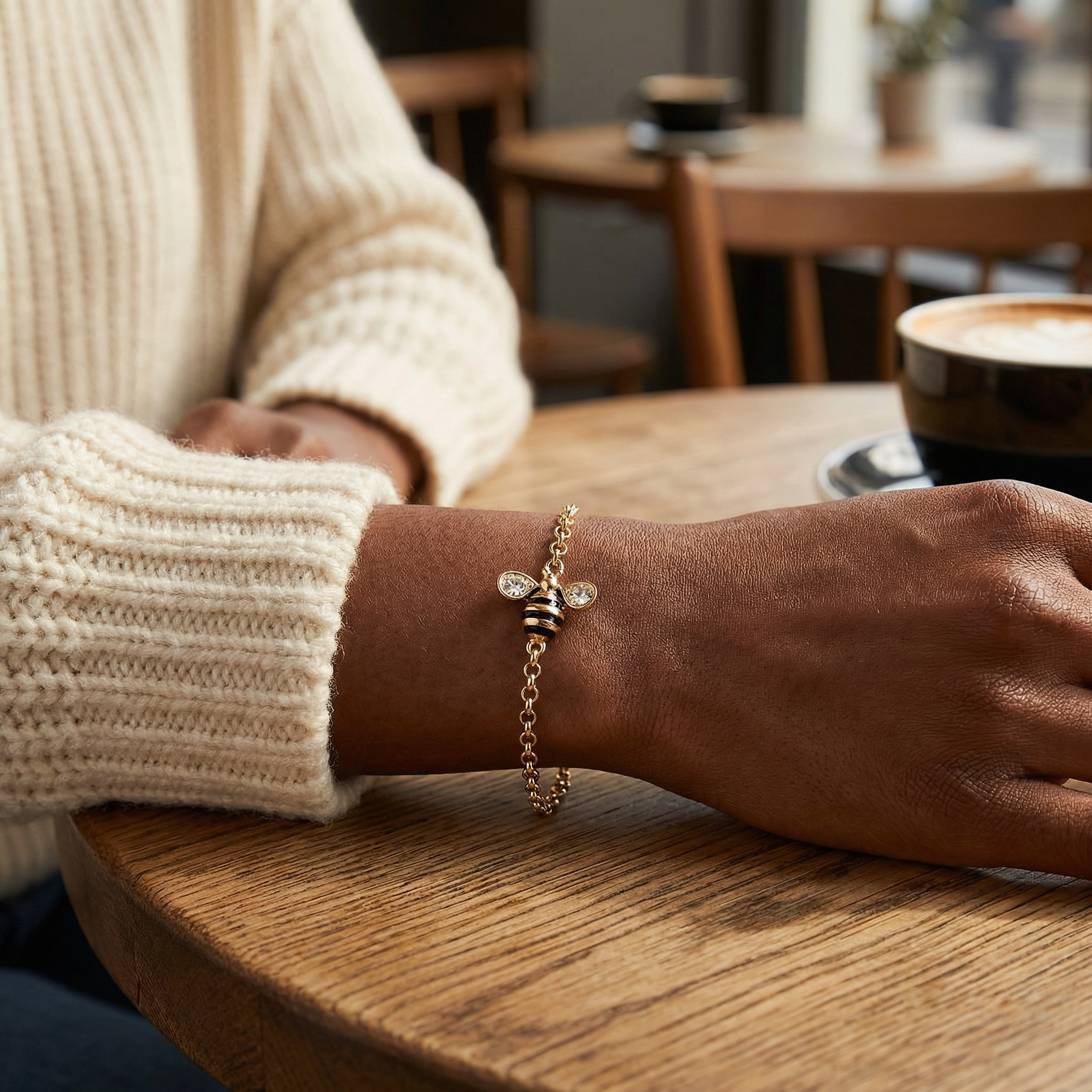 Gold-Tone Bee T-Bar Rolo Bracelet – Sparkling Bee Charm – 8"