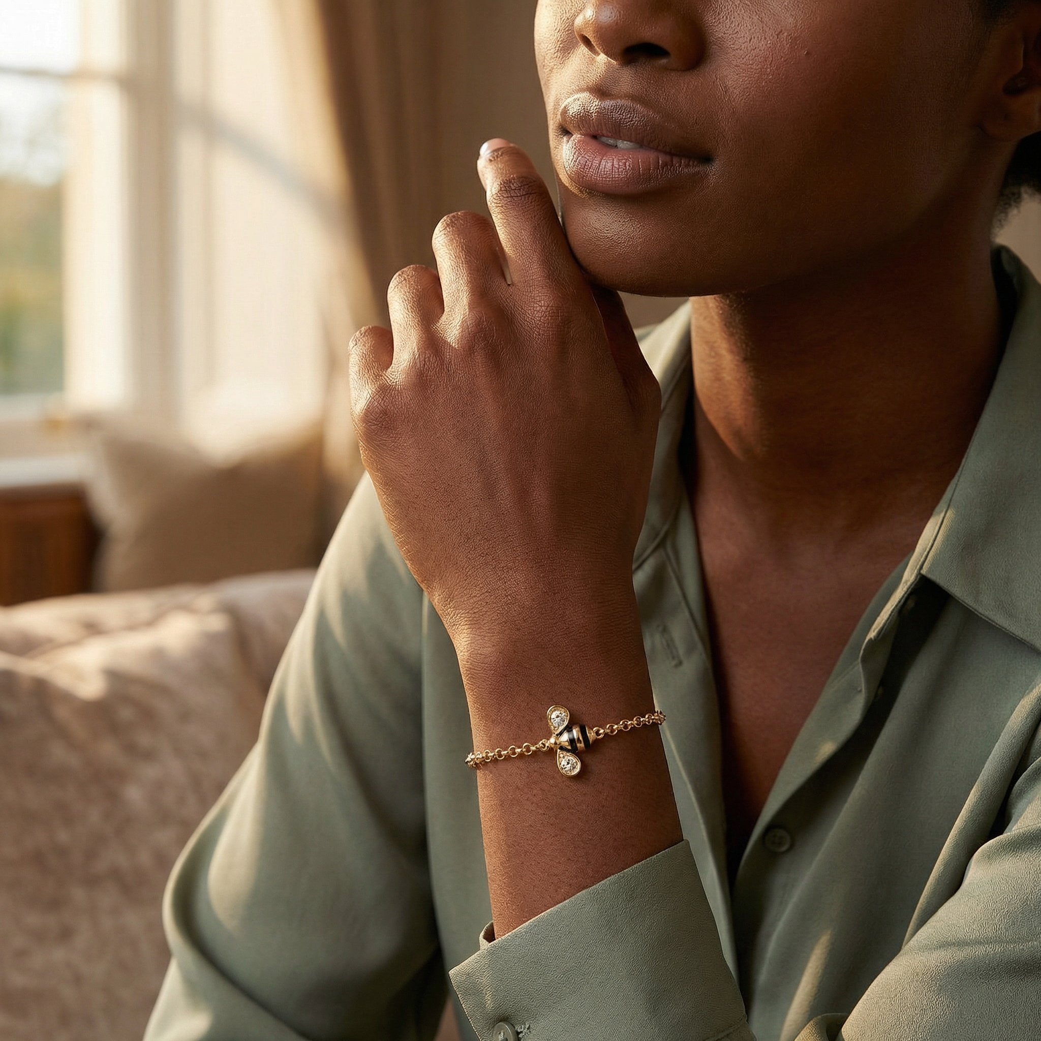 Gold-Tone Bee T-Bar Rolo Bracelet – Sparkling Bee Charm – 8"