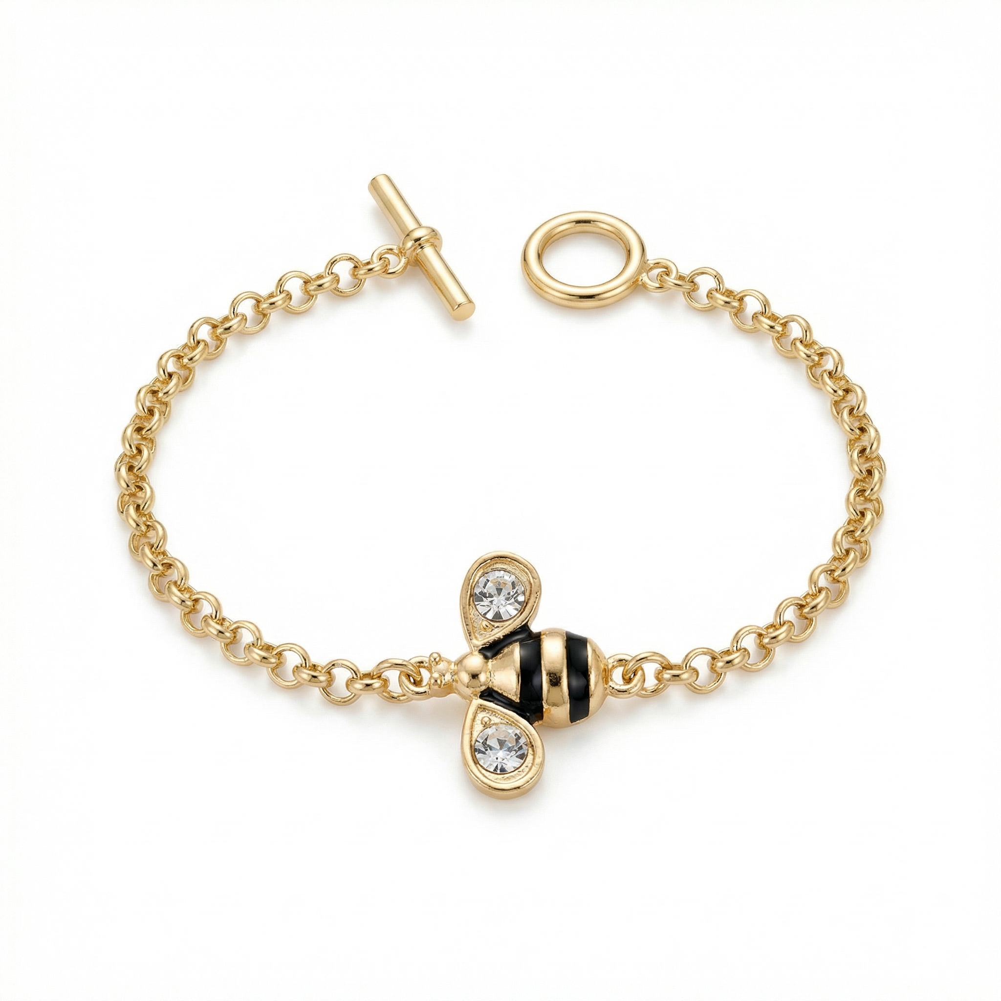 Gold-Tone Bee T-Bar Rolo Bracelet – Sparkling Bee Charm – 8"