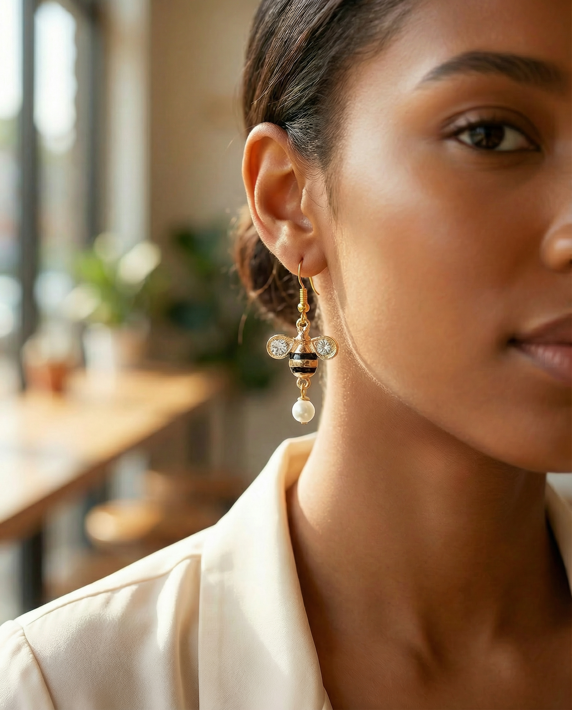 Gold-Tone Bee Dangle Earrings with Faux Pearl – Hypoallergenic