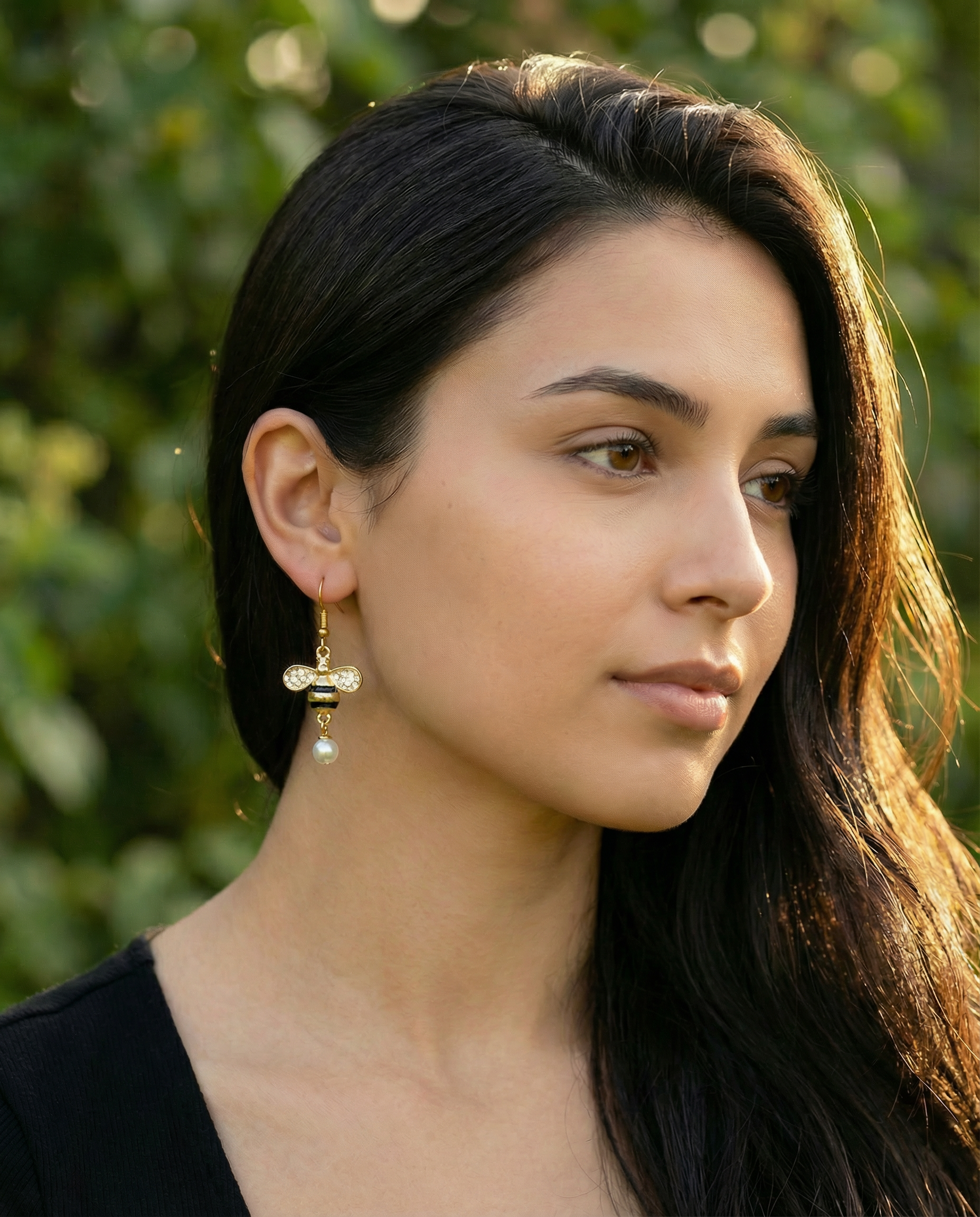 Gold-Tone Bee Dangle Earrings with Faux Pearl – Hypoallergenic