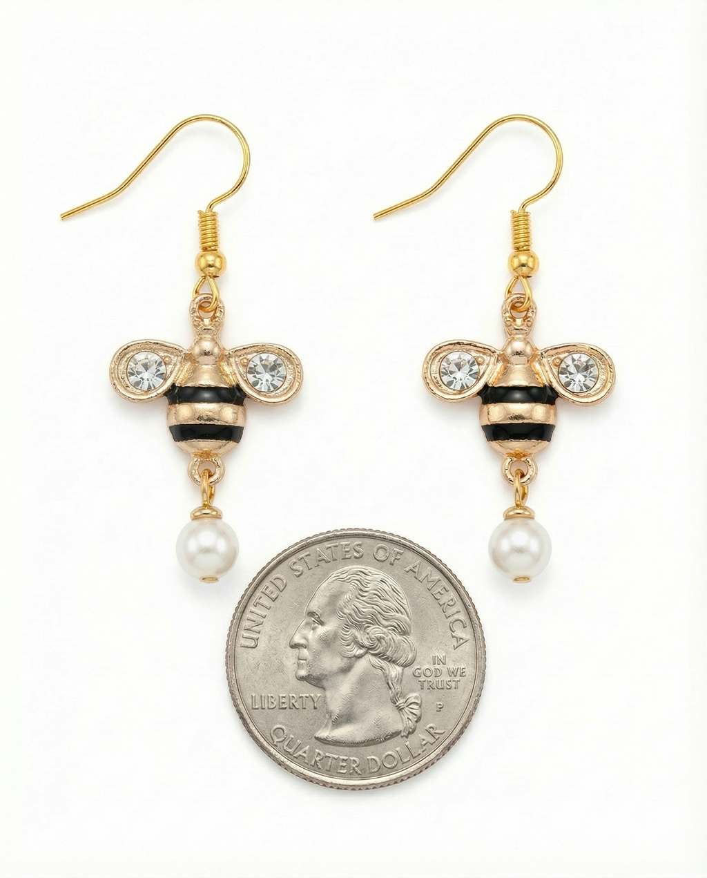 Gold-Tone Bee Dangle Earrings with Faux Pearl – Hypoallergenic