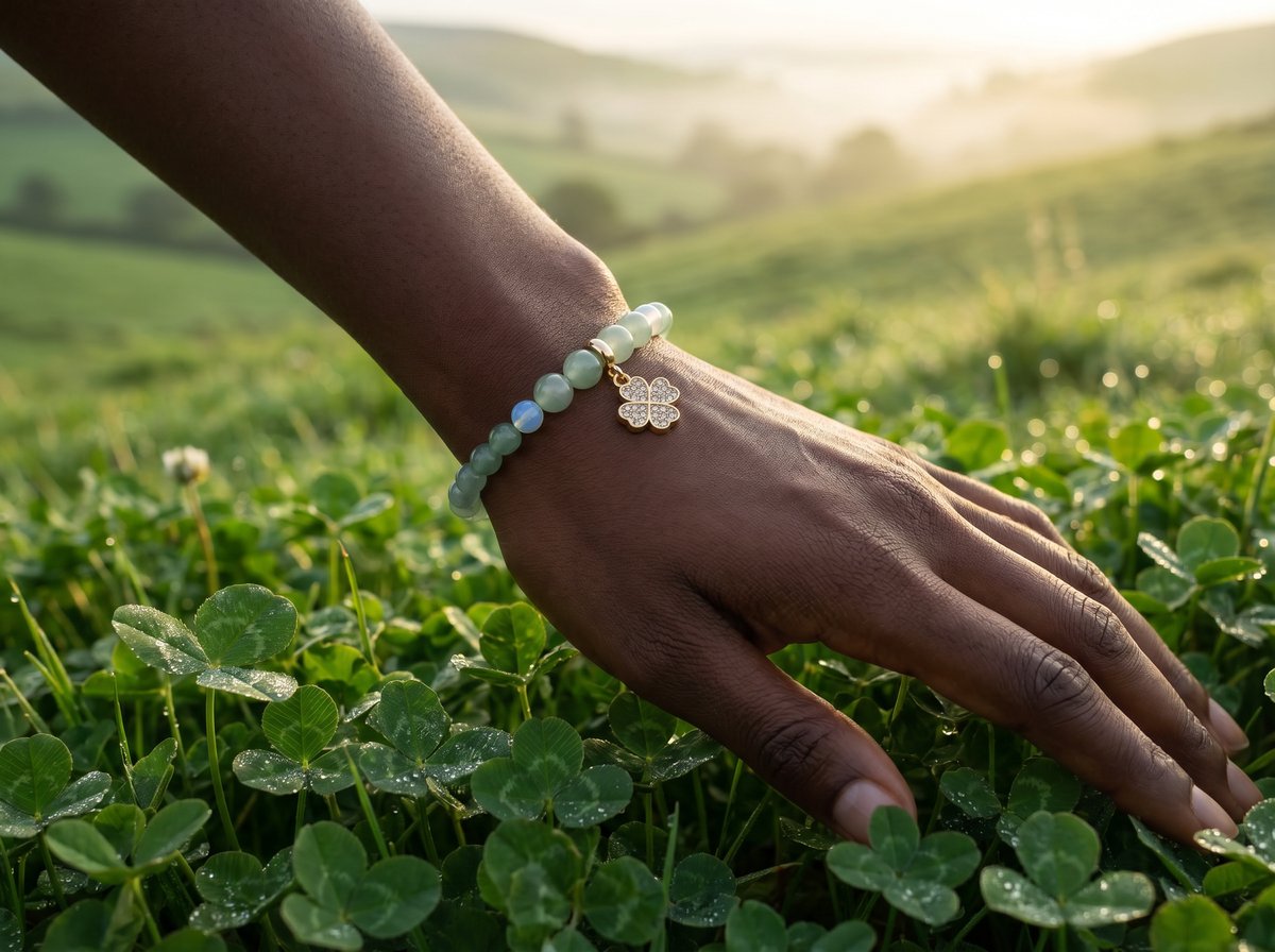 Green Aventurine Clover Charm Bracelet on wrist in dewy clover field at golden hour