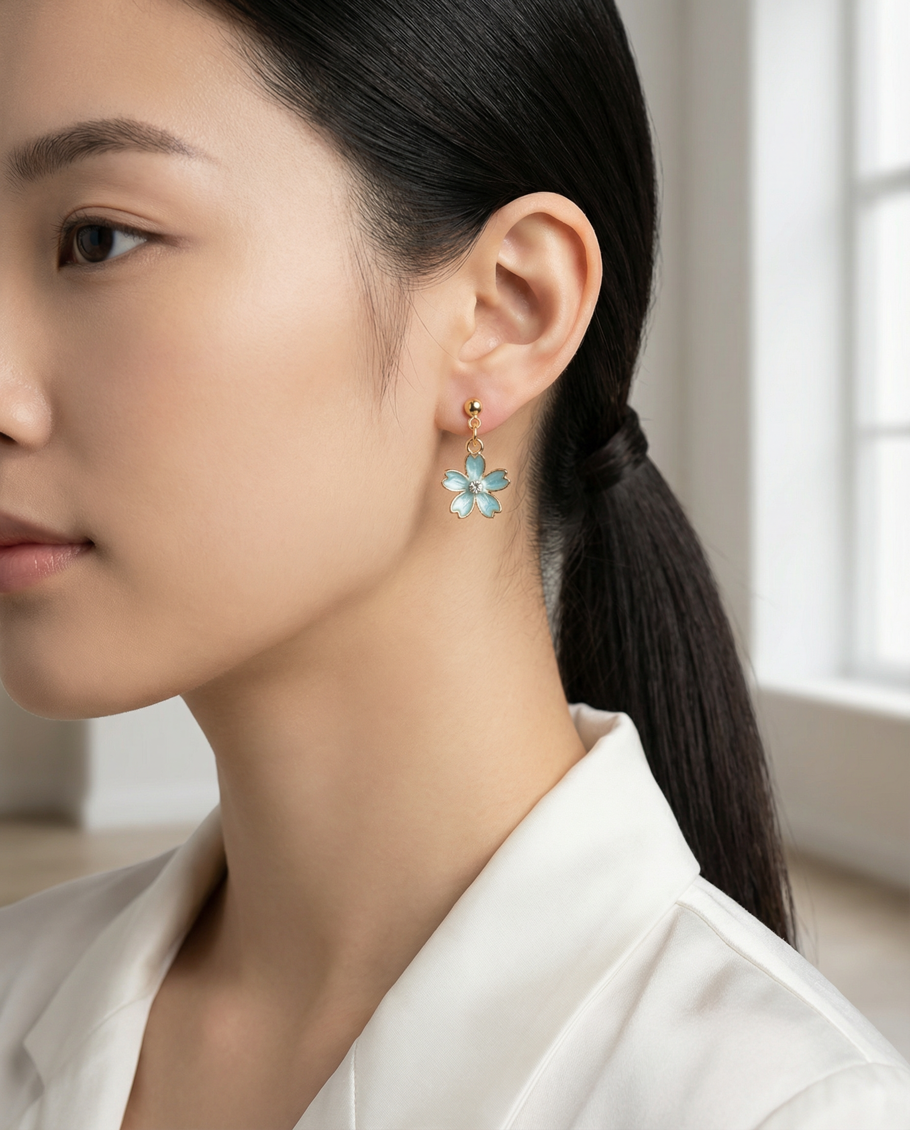 Japanese Cherry Blossom Dangle Stud Earrings with Rhinestone – Gold-Tone with Enamel & Sparkling Center